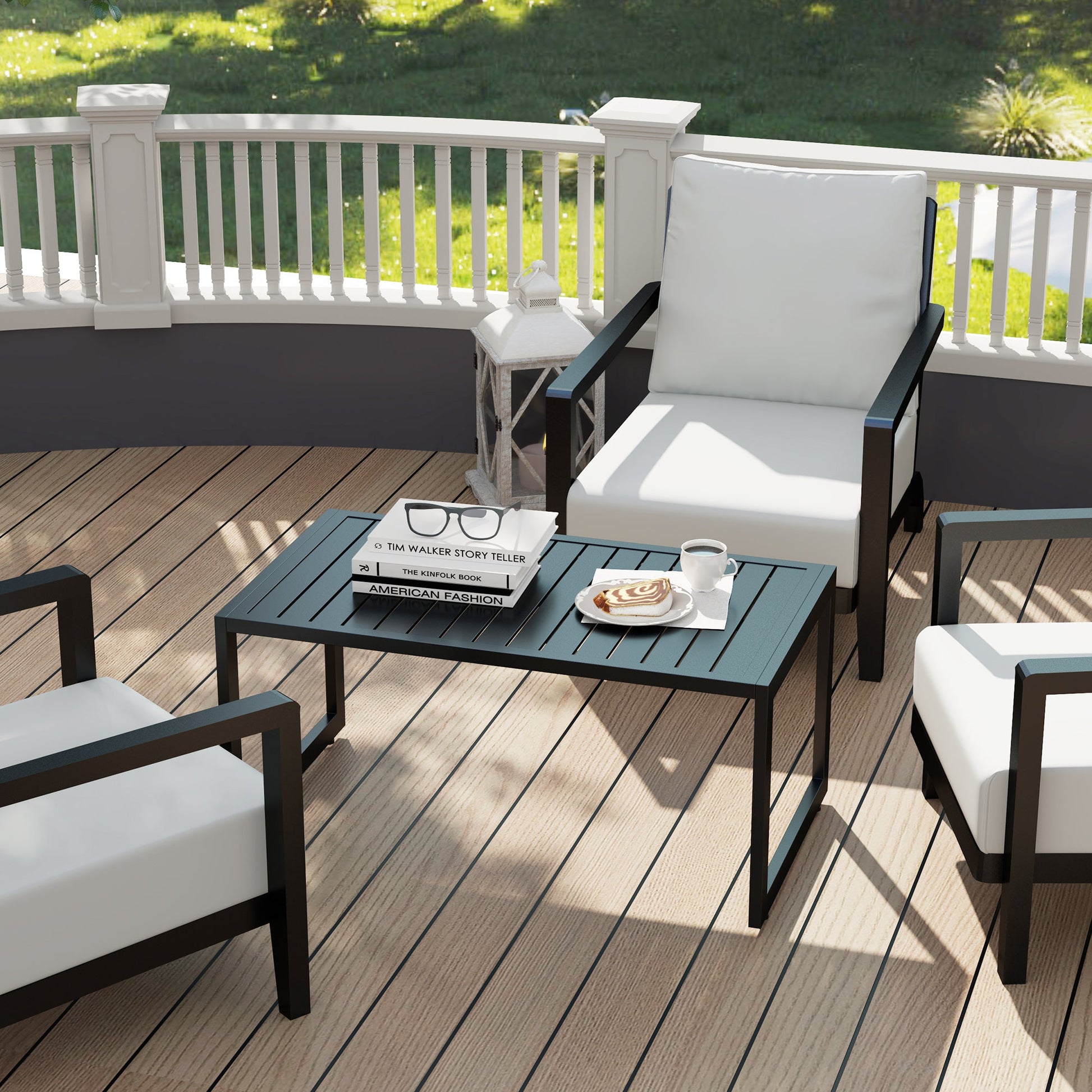Aluminum Outdoor Coffee Table, 35" Patio Coffee Table with Slatted Tabletop and Adjustable Foot Pads for Garden, Lawn, Balcony, Black