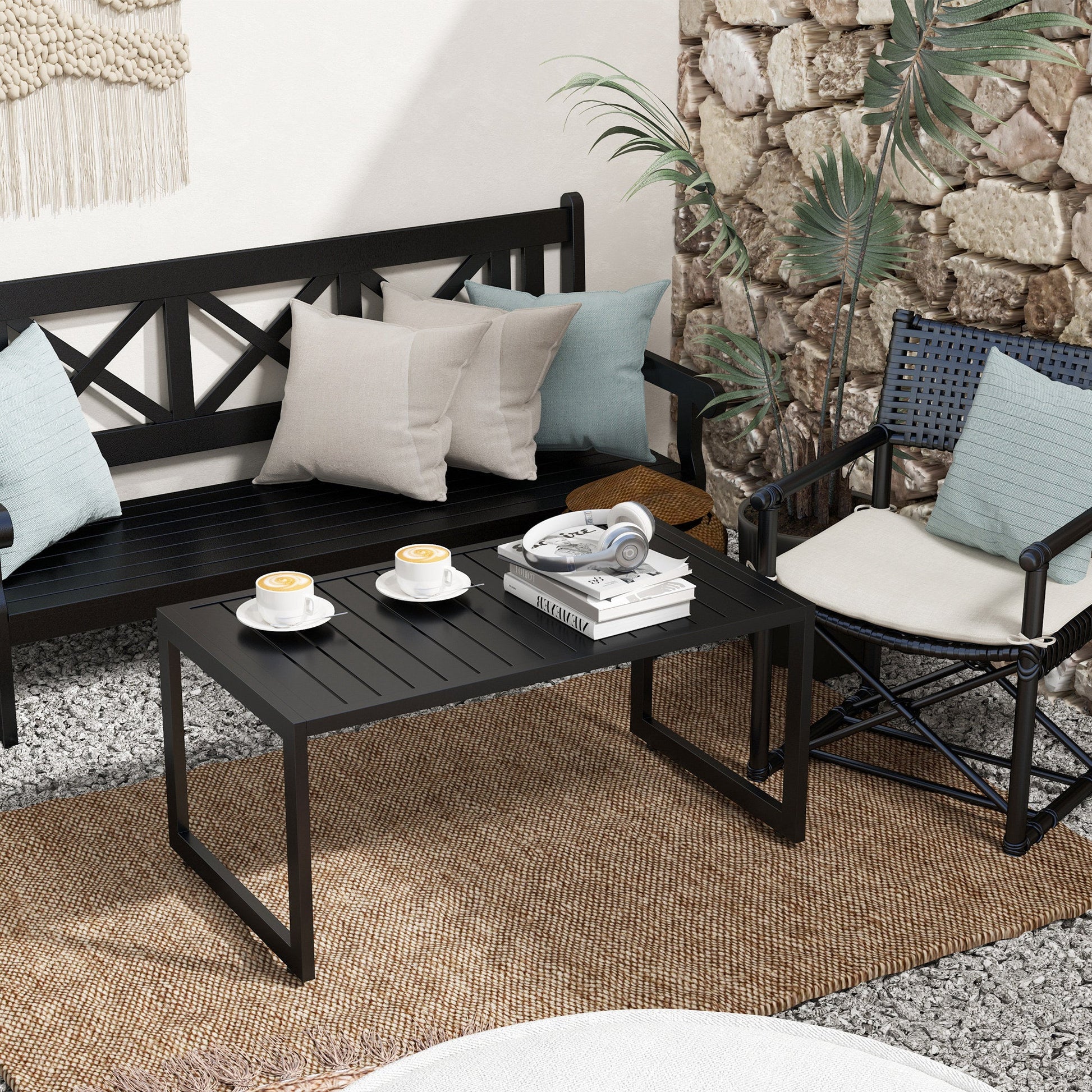 Aluminum Outdoor Coffee Table, 35" Patio Coffee Table with Slatted Tabletop and Adjustable Foot Pads for Garden, Lawn, Balcony, Black