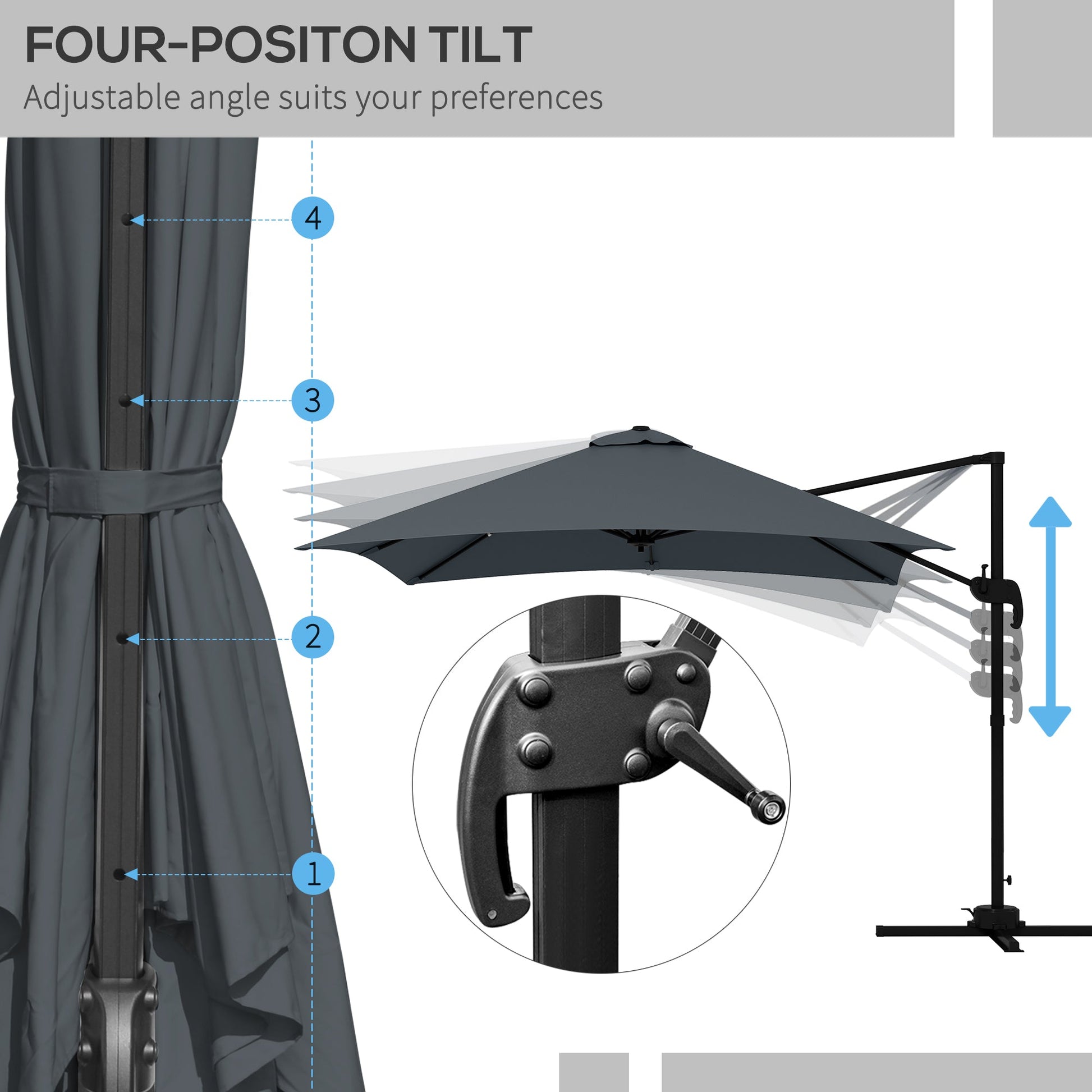 10x10ft Cantilever Umbrella with 4 Adjustable Angle and Rotation, Square Top Market Parasol with Aluminum Pole and Ribs for Backyard Patio Outdoor Area, Dark Grey