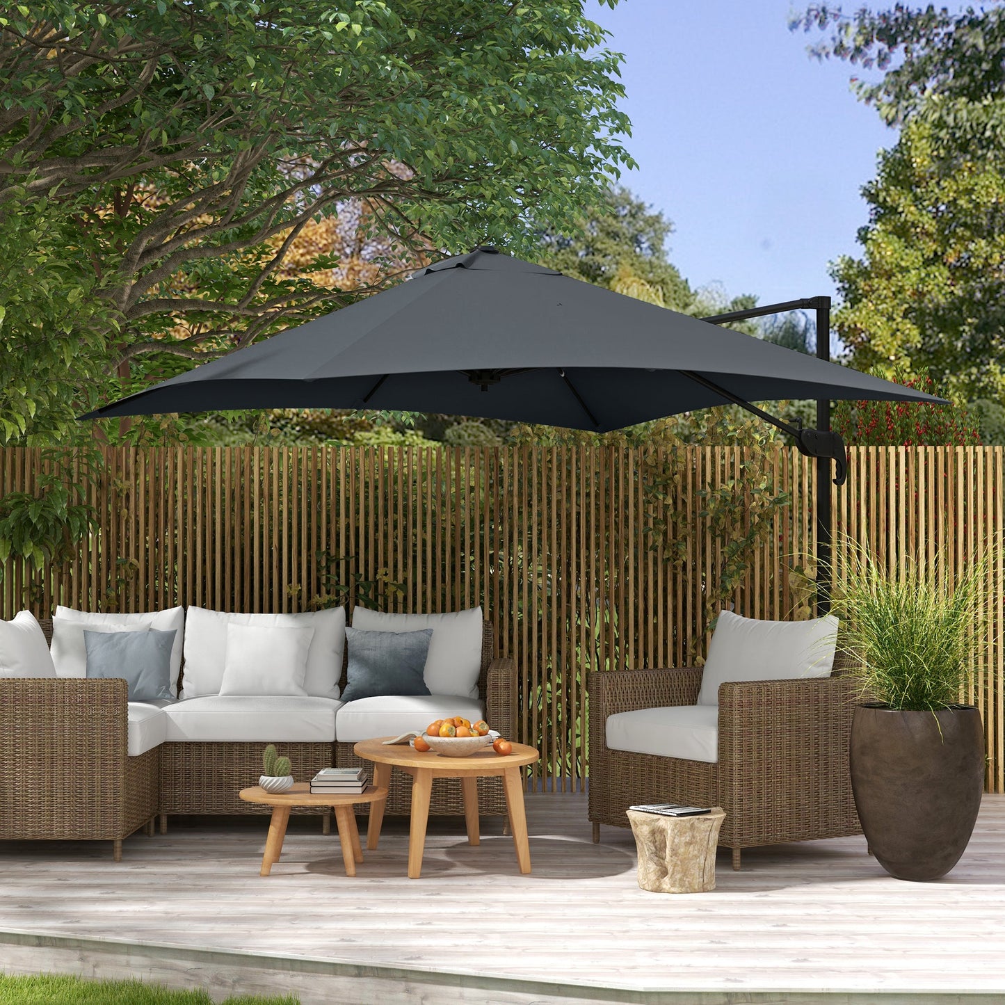 10x10ft Cantilever Umbrella with 4 Adjustable Angle and Rotation, Square Top Market Parasol with Aluminum Pole and Ribs for Backyard Patio Outdoor Area, Dark Grey