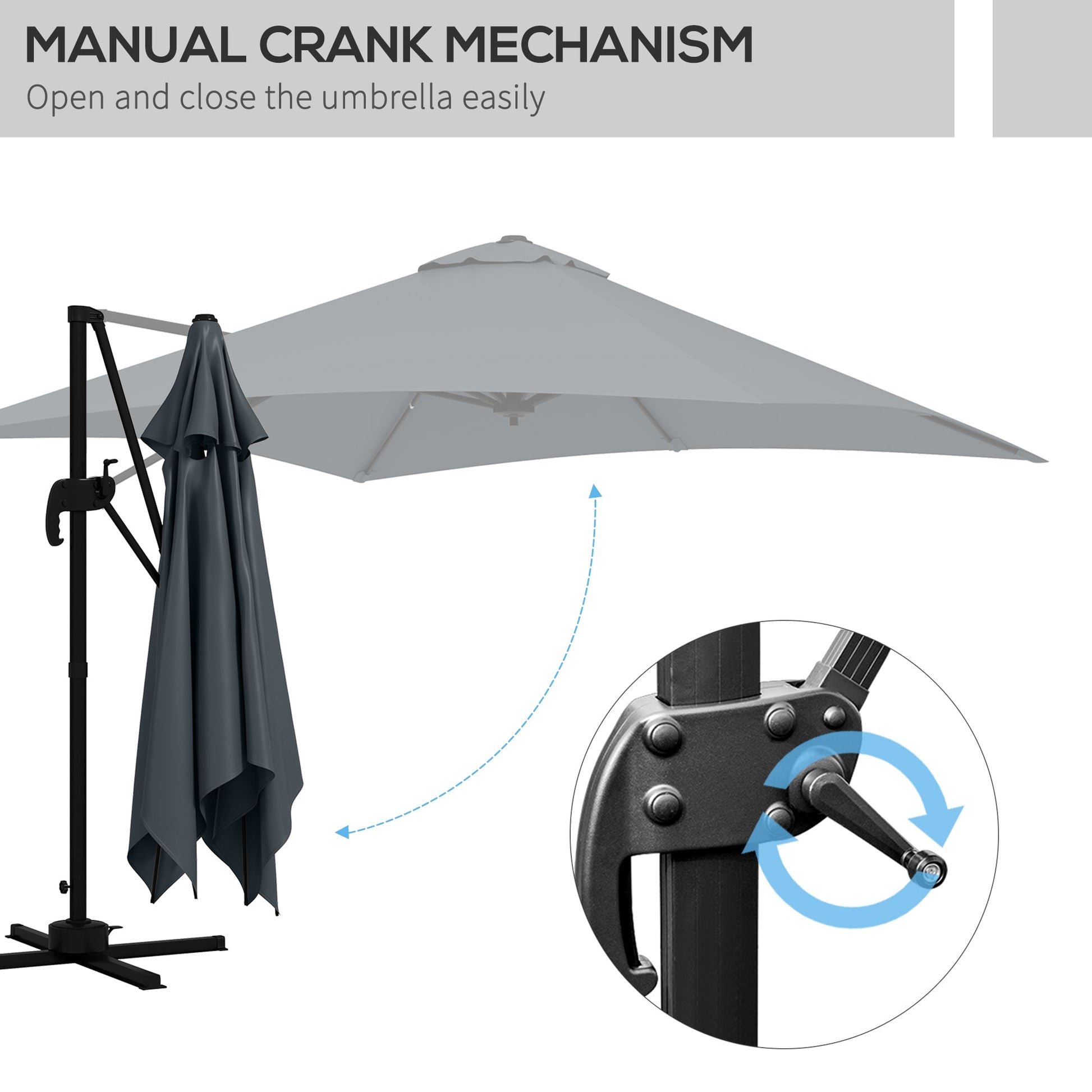10x10ft Cantilever Umbrella with 4 Adjustable Angle and Rotation, Square Top Market Parasol with Aluminum Pole and Ribs for Backyard Patio Outdoor Area, Dark Grey