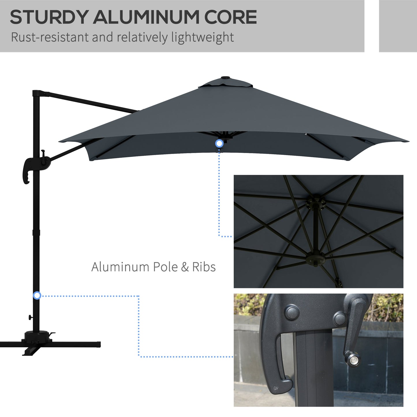 10x10ft Cantilever Umbrella with 4 Adjustable Angle and Rotation, Square Top Market Parasol with Aluminum Pole and Ribs for Backyard Patio Outdoor Area, Dark Grey