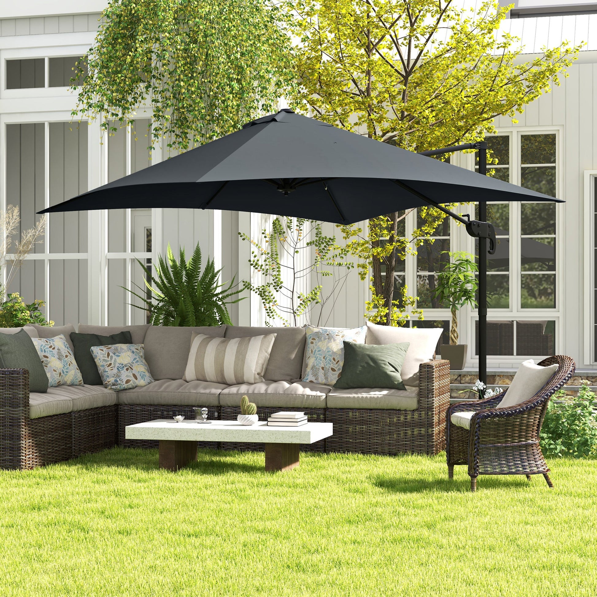 10x10ft Cantilever Umbrella with 4 Adjustable Angle and Rotation, Square Top Market Parasol with Aluminum Pole and Ribs for Backyard Patio Outdoor Area, Dark Grey