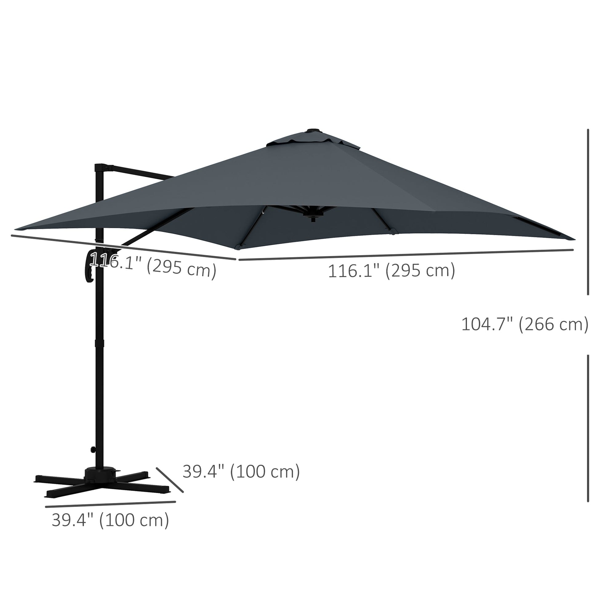 10x10ft Cantilever Umbrella with 4 Adjustable Angle and Rotation, Square Top Market Parasol with Aluminum Pole and Ribs for Backyard Patio Outdoor Area, Dark Grey
