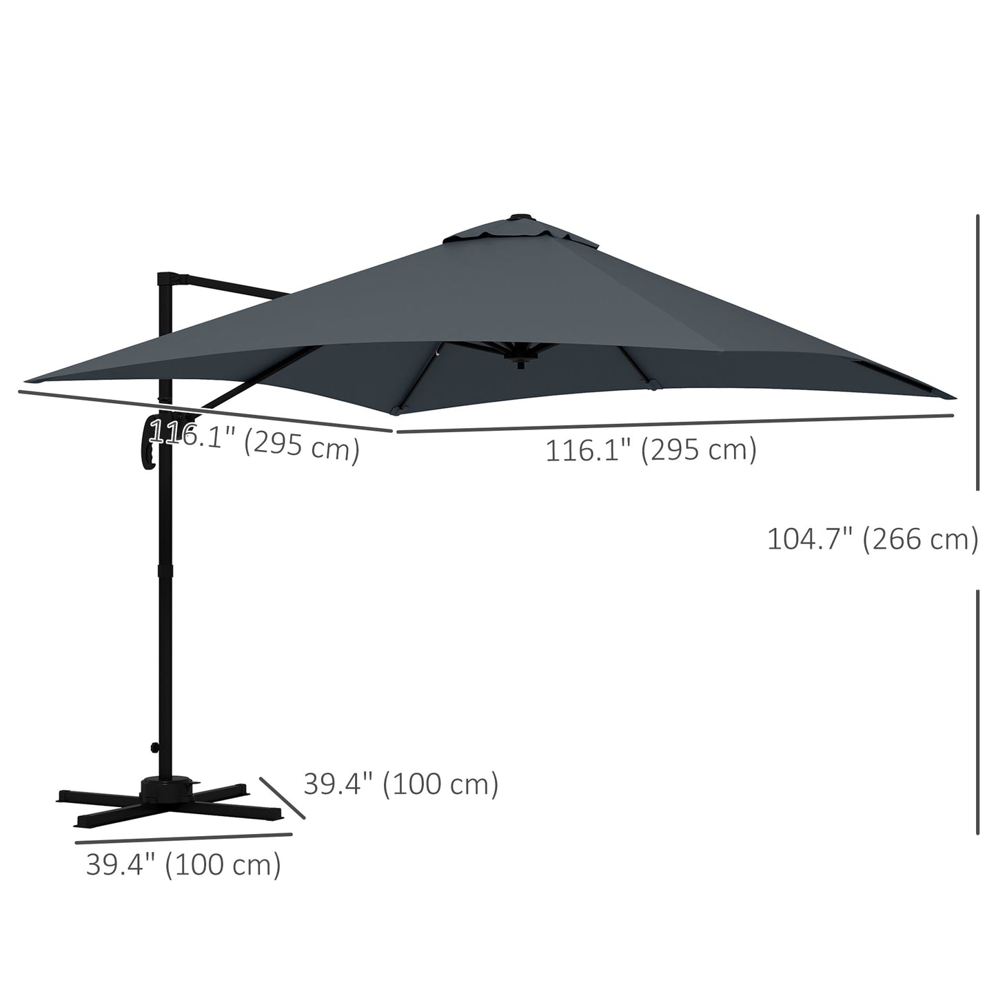 10x10ft Cantilever Umbrella with 4 Adjustable Angle and Rotation, Square Top Market Parasol with Aluminum Pole and Ribs for Backyard Patio Outdoor Area, Dark Grey