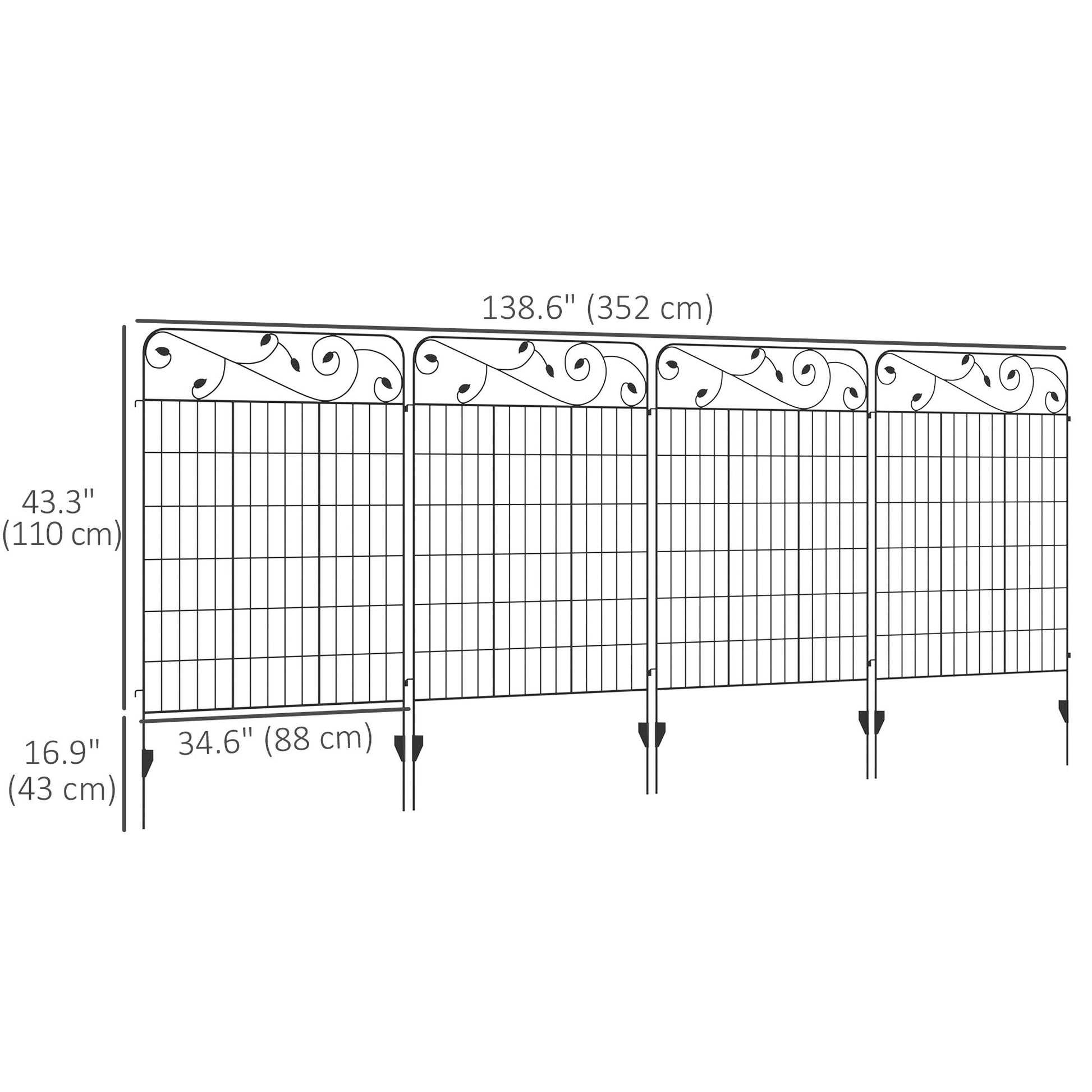 Garden Fence, 4 Pack Metal Fence Panels, 11.5' Animal Barrier & Decorative Border Flower Edging for Yard, Landscape, Patio, Outdoor Décor, 43" H, Square Vines