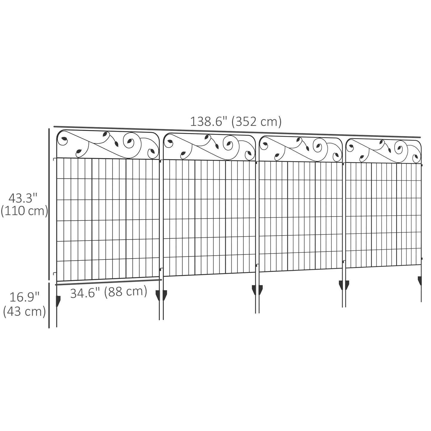 Garden Fence, 4 Pack Metal Fence Panels, 11.5' Animal Barrier & Decorative Border Flower Edging for Yard, Landscape, Patio, Outdoor Décor, 43" H, Square Vines