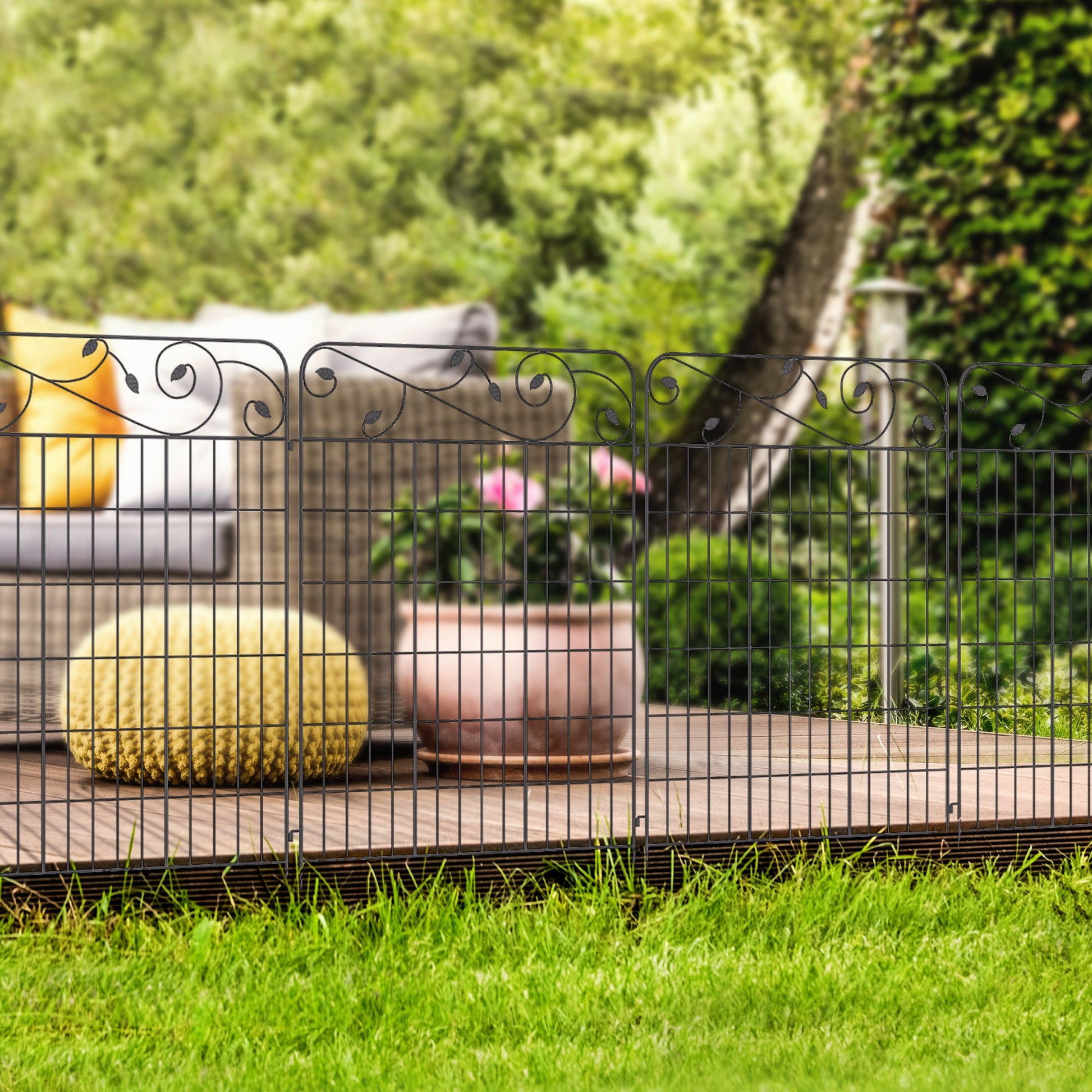 Garden Fence, 4 Pack Metal Fence Panels, 11.5' Animal Barrier & Decorative Border Flower Edging for Yard, Landscape, Patio, Outdoor Décor, 43" H, Square Vines