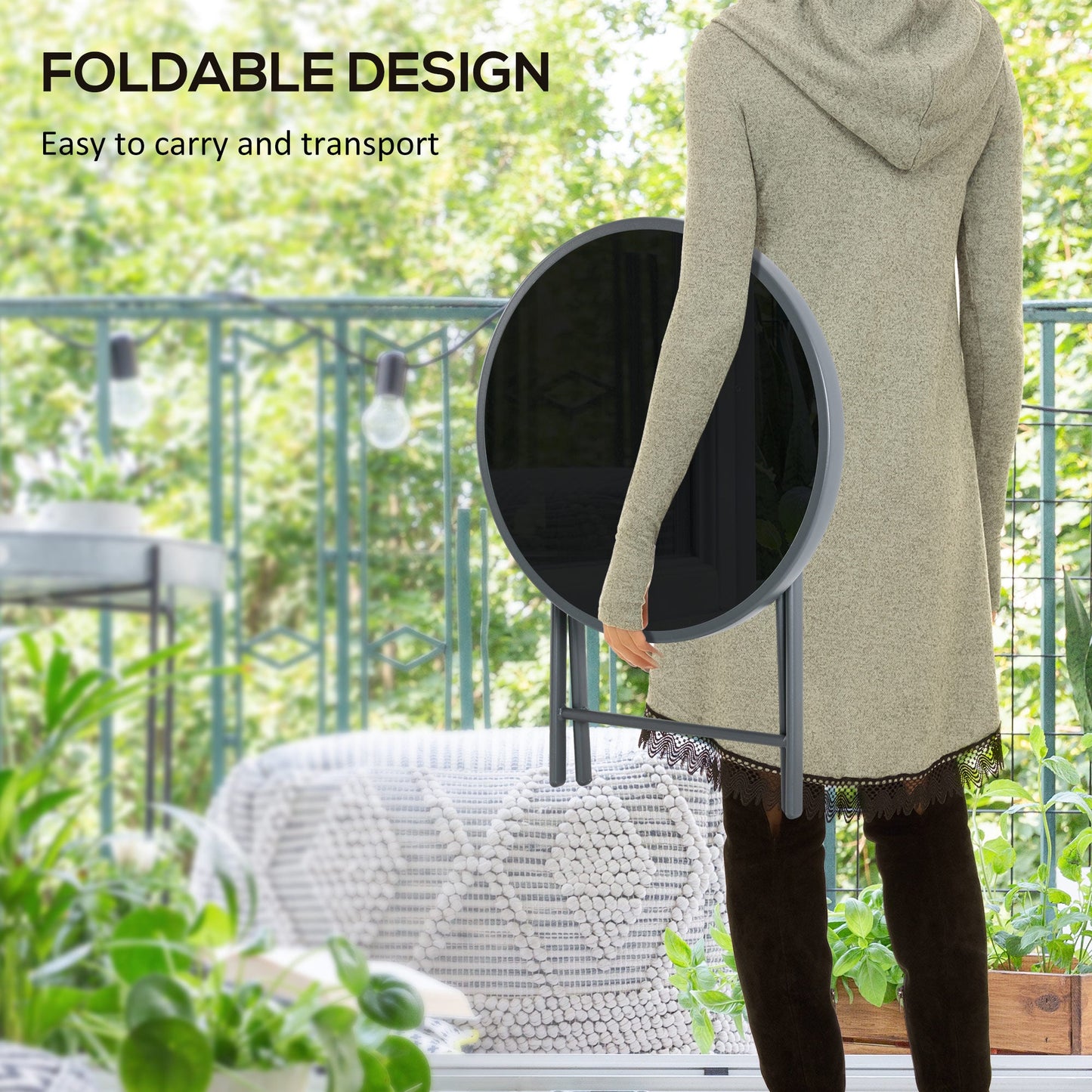 18" Outdoor Round Folding Table, Garden Side Table with Metal Frame and Tempered Glass Top for Patio, Picnic, Party, Wedding, Black