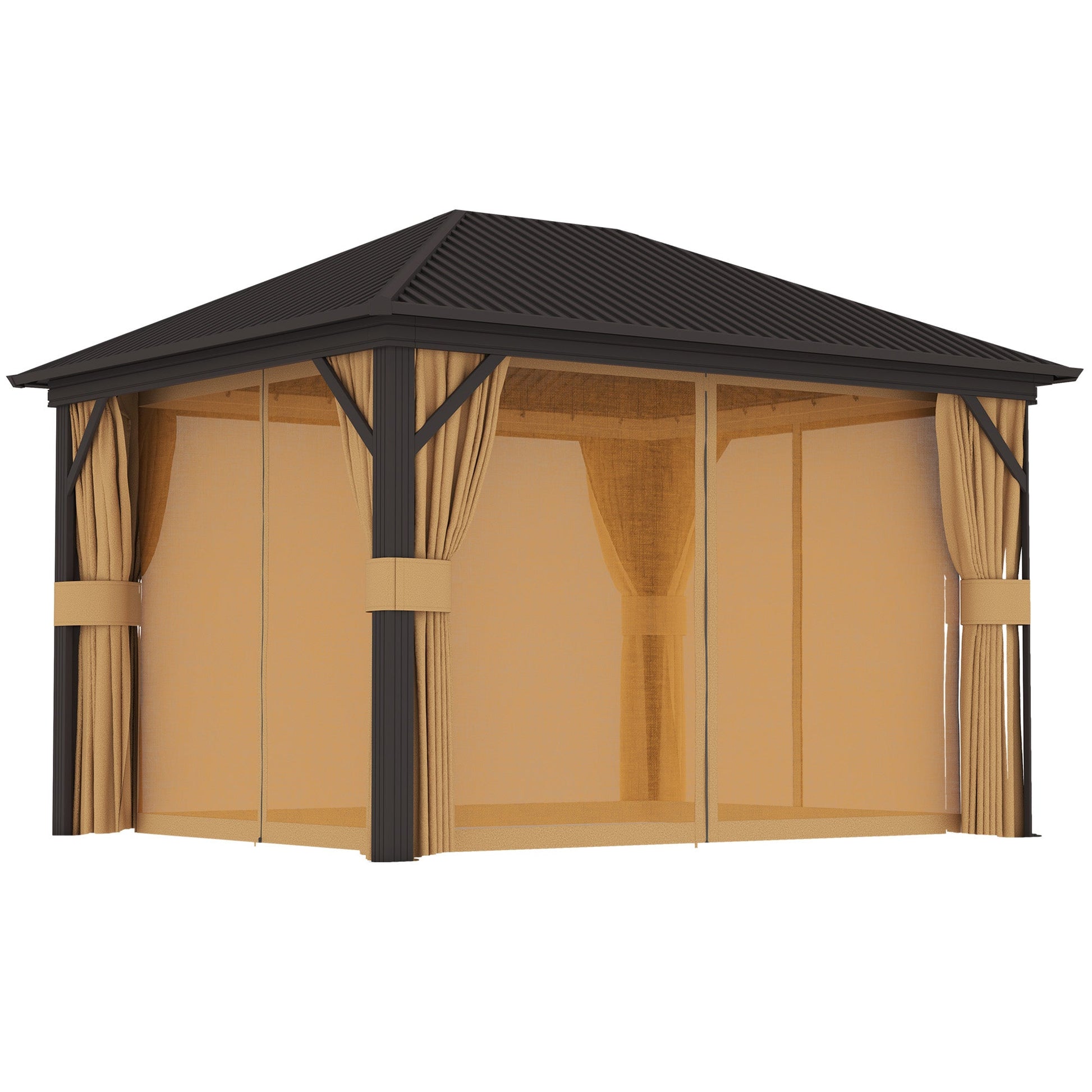 10' x 12' Hardtop Gazebo Canopy with Galvanized Steel Roof, Aluminum Frame, Permanent Pavilion Outdoor Gazebo with Netting, Curtains, Top Hook, Brown