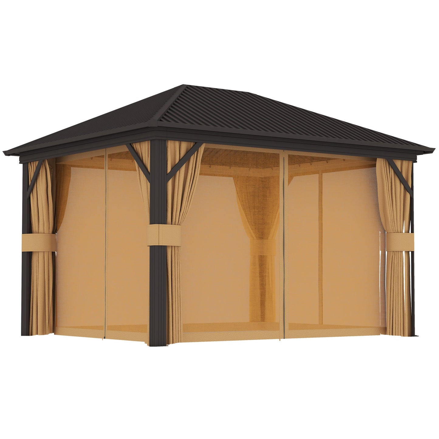 10' x 12' Hardtop Gazebo Canopy with Galvanized Steel Roof, Aluminum Frame, Permanent Pavilion Outdoor Gazebo with Netting, Curtains, Top Hook, Brown