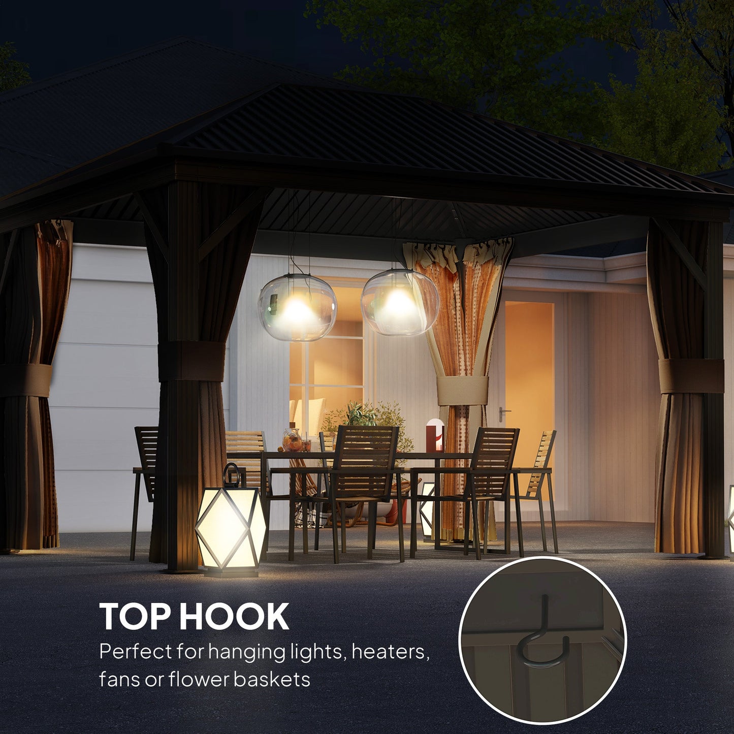 10' x 12' Hardtop Gazebo Canopy with Galvanized Steel Roof, Aluminum Frame, Permanent Pavilion Outdoor Gazebo with Netting, Curtains, Top Hook, Brown