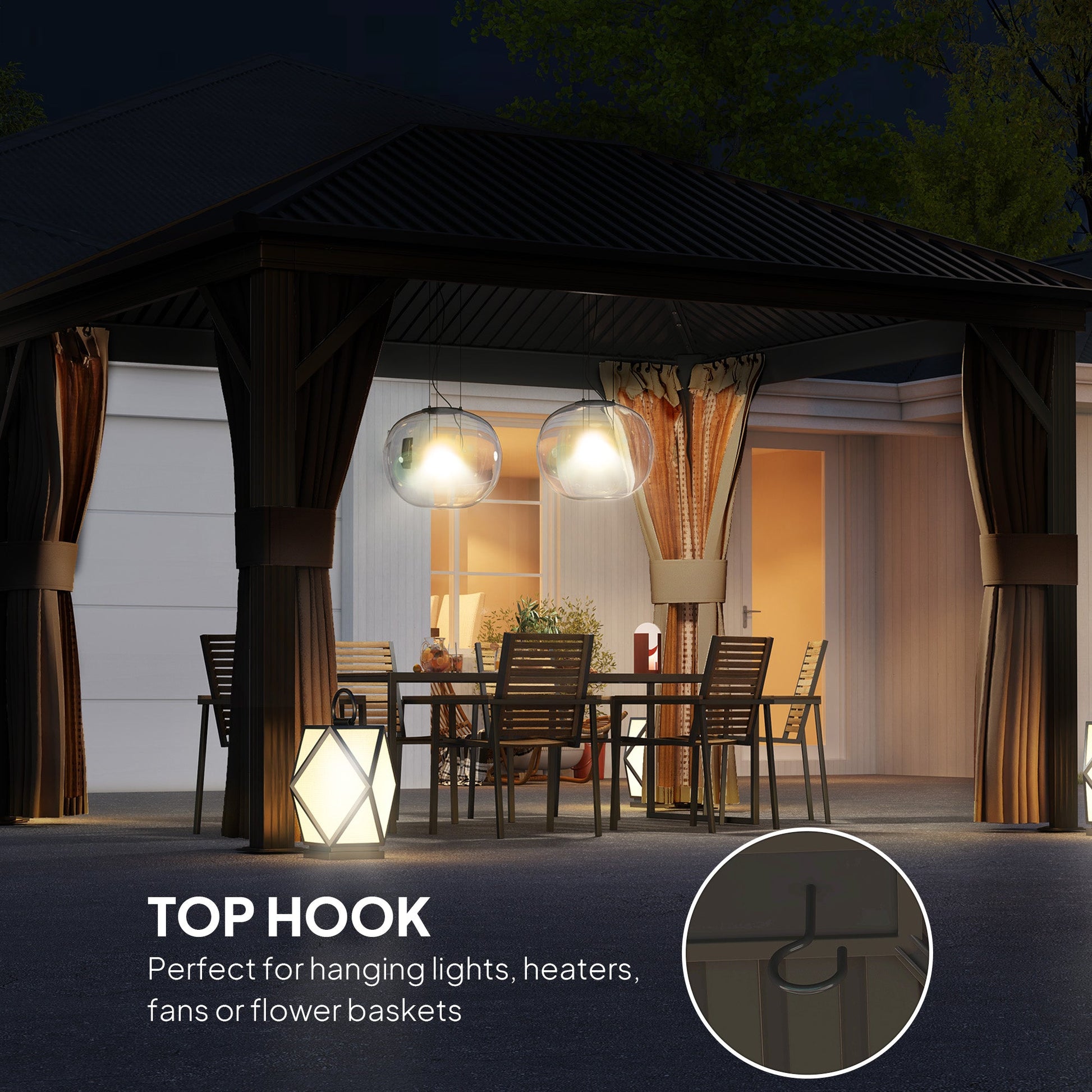 10' x 12' Hardtop Gazebo Canopy with Galvanized Steel Roof, Aluminum Frame, Permanent Pavilion Outdoor Gazebo with Netting, Curtains, Top Hook, Brown