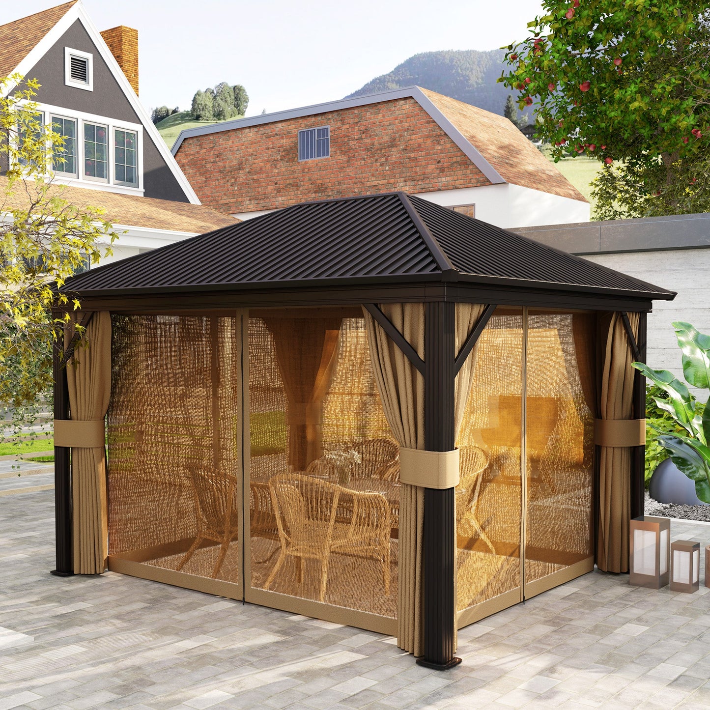 10' x 12' Hardtop Gazebo Canopy with Galvanized Steel Roof, Aluminum Frame, Permanent Pavilion Outdoor Gazebo with Netting, Curtains, Top Hook, Brown
