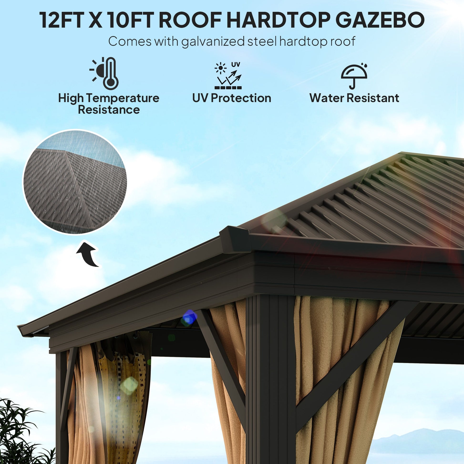 10' x 12' Hardtop Gazebo Canopy with Galvanized Steel Roof, Aluminum Frame, Permanent Pavilion Outdoor Gazebo with Netting, Curtains, Top Hook, Brown