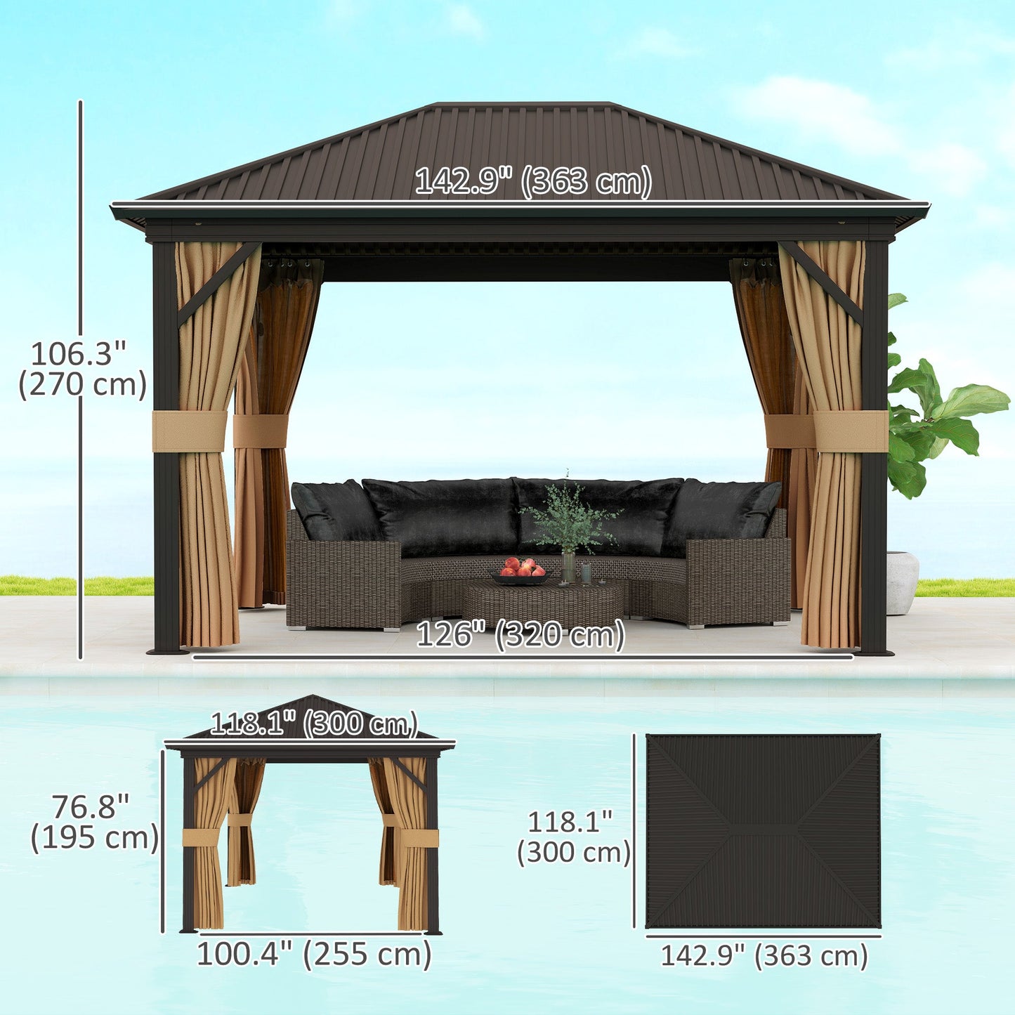 10' x 12' Hardtop Gazebo Canopy with Galvanized Steel Roof, Aluminum Frame, Permanent Pavilion Outdoor Gazebo with Netting, Curtains, Top Hook, Brown