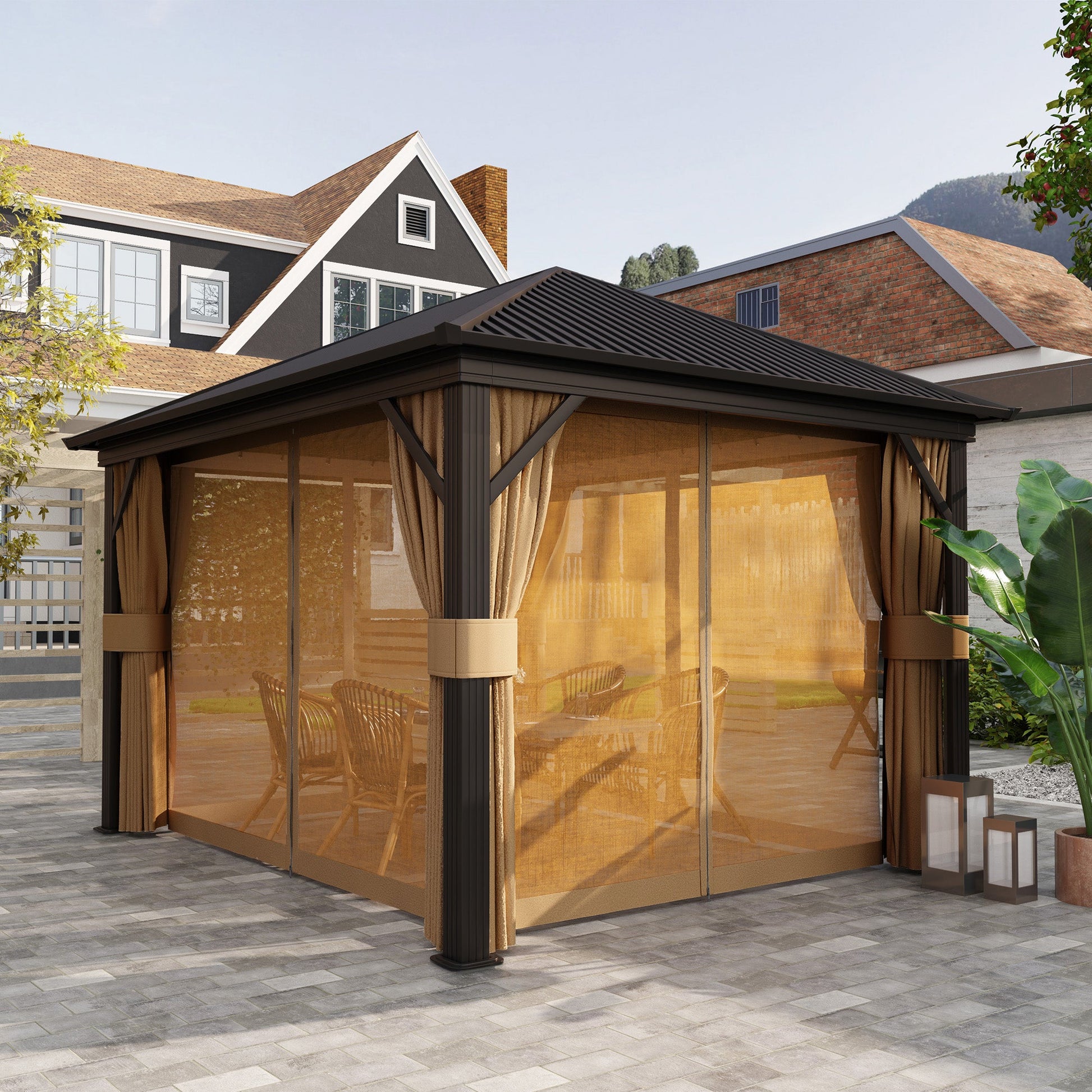 10' x 12' Hardtop Gazebo Canopy with Galvanized Steel Roof, Aluminum Frame, Permanent Pavilion Outdoor Gazebo with Netting, Curtains, Top Hook, Brown