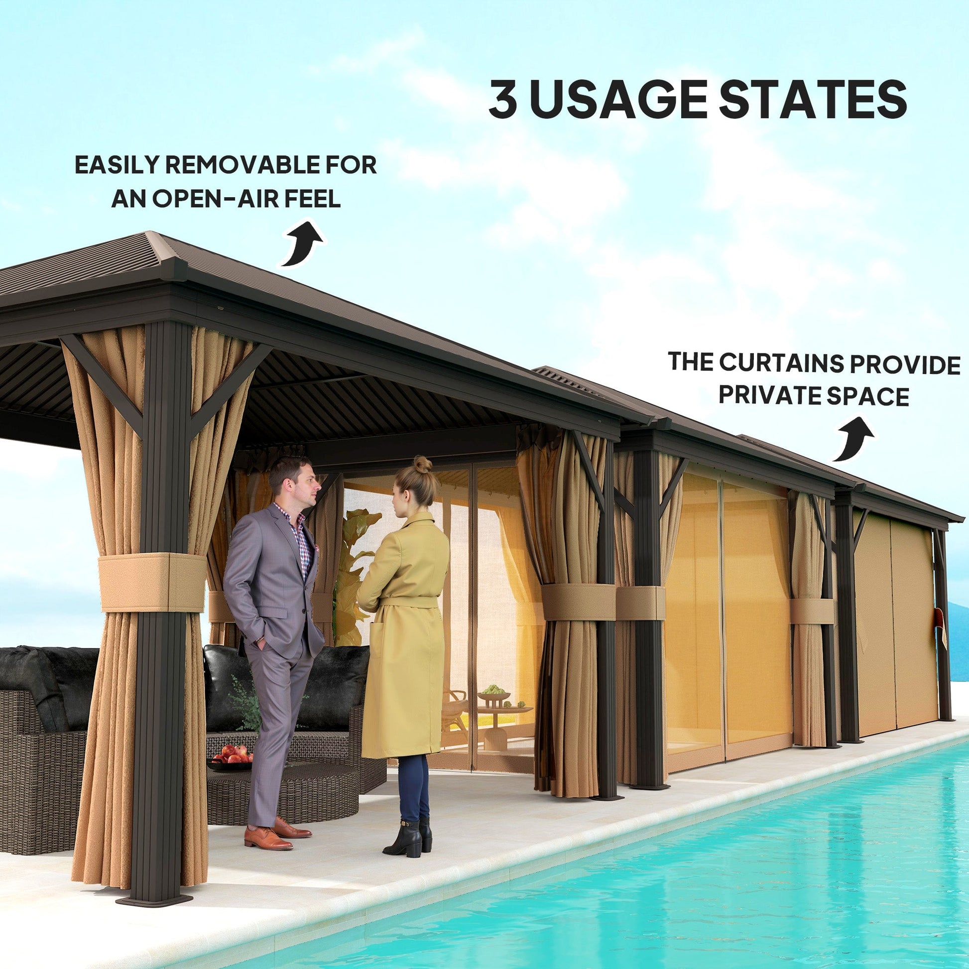 10' x 12' Hardtop Gazebo Canopy with Galvanized Steel Roof, Aluminum Frame, Permanent Pavilion Outdoor Gazebo with Netting, Curtains, Top Hook, Brown