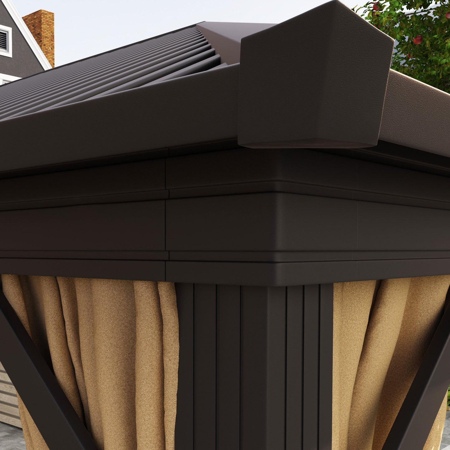 10' x 12' Hardtop Gazebo Canopy with Galvanized Steel Roof, Aluminum Frame, Permanent Pavilion Outdoor Gazebo with Netting, Curtains, Top Hook, Brown