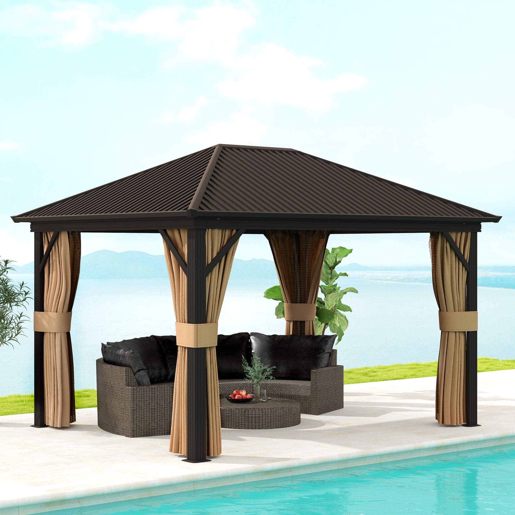 10' x 12' Hardtop Gazebo Canopy with Galvanized Steel Roof, Aluminum Frame, Permanent Pavilion Outdoor Gazebo with Netting, Curtains, Top Hook, Brown