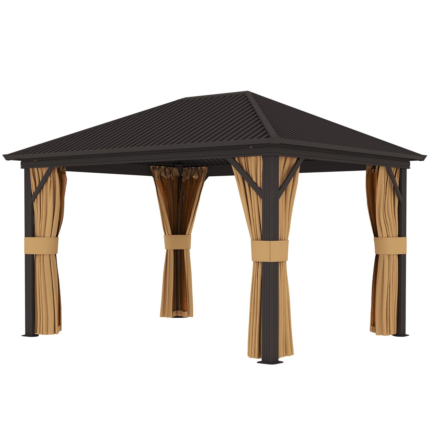 10' x 12' Hardtop Gazebo Canopy with Galvanized Steel Roof, Aluminum Frame, Permanent Pavilion Outdoor Gazebo with Netting, Curtains, Top Hook, Brown