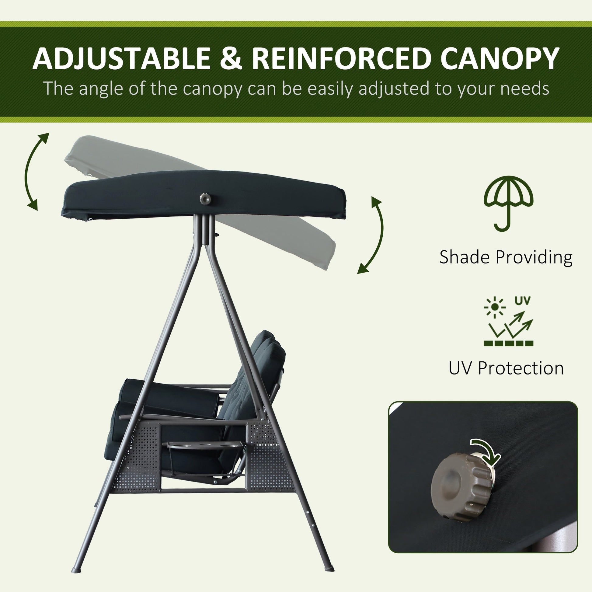 3 Seater Porch Swing Heavy Duty Outdoor Swing Chair Outdoor Lounge Hammock Cushioned Seat w/ Tilt Canopy, Black