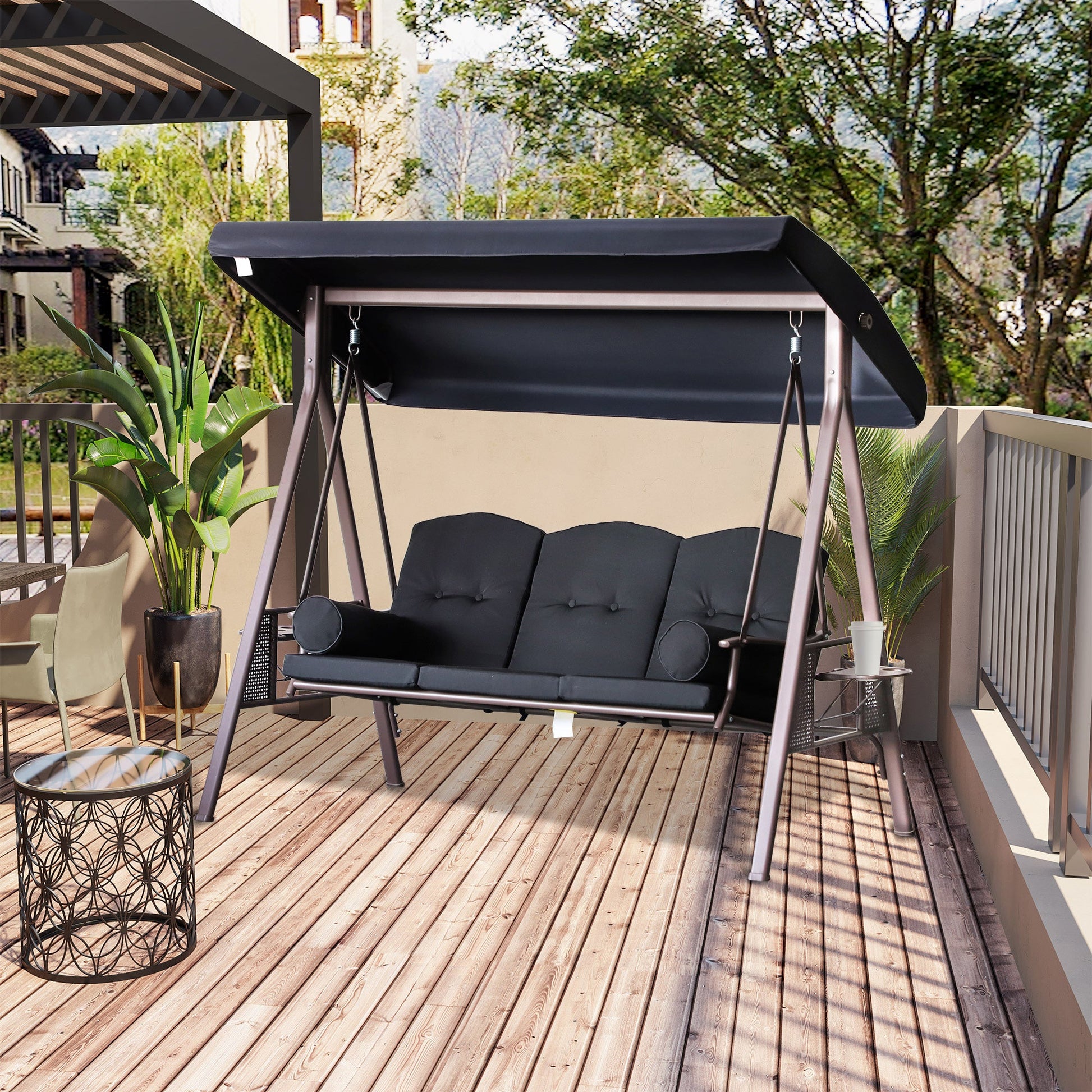 3 Seater Porch Swing Heavy Duty Outdoor Swing Chair Outdoor Lounge Hammock Cushioned Seat w/ Tilt Canopy, Black
