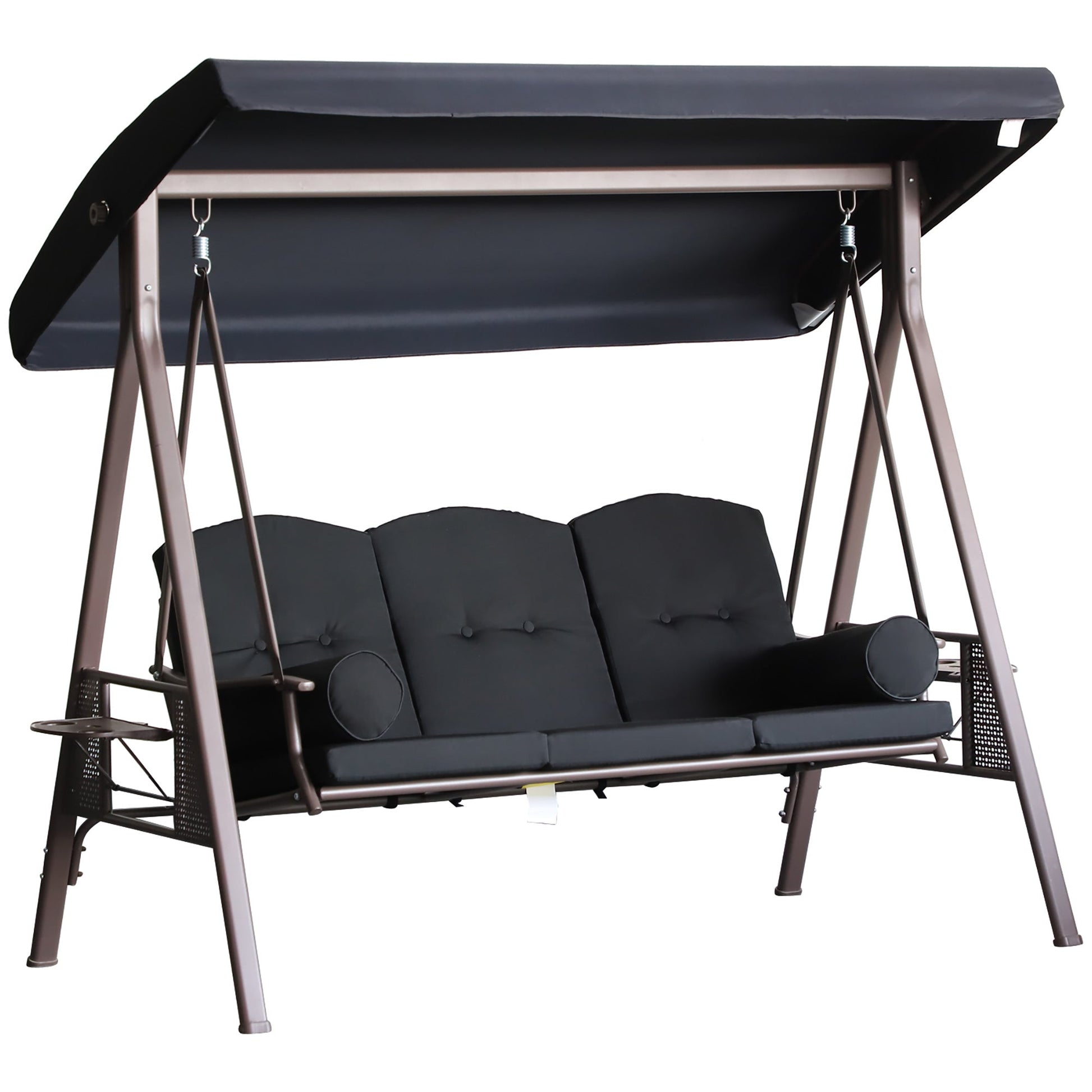 3 Seater Porch Swing Heavy Duty Outdoor Swing Chair Outdoor Lounge Hammock Cushioned Seat w/ Tilt Canopy, Black