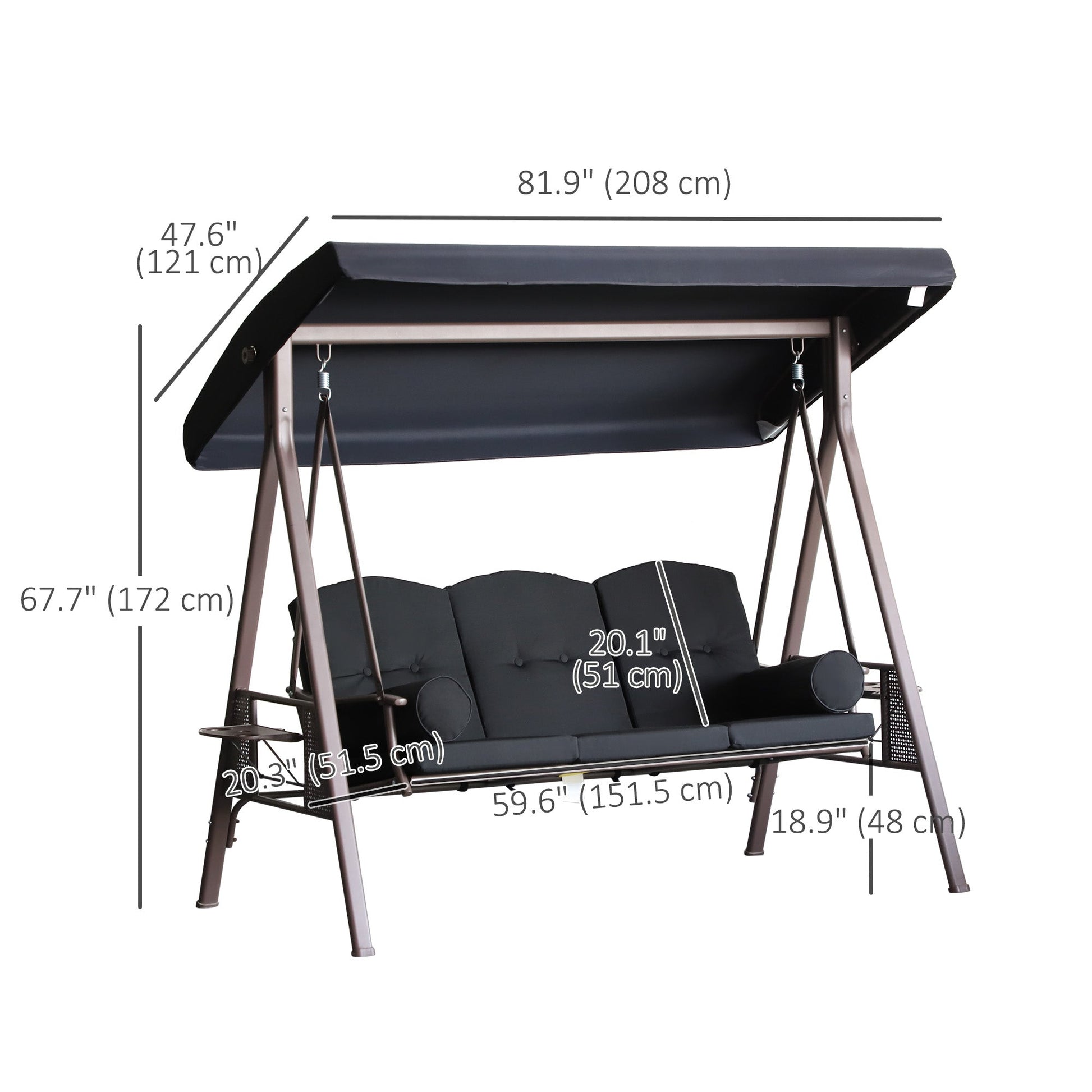 3 Seater Porch Swing Heavy Duty Outdoor Swing Chair Outdoor Lounge Hammock Cushioned Seat w/ Tilt Canopy, Black