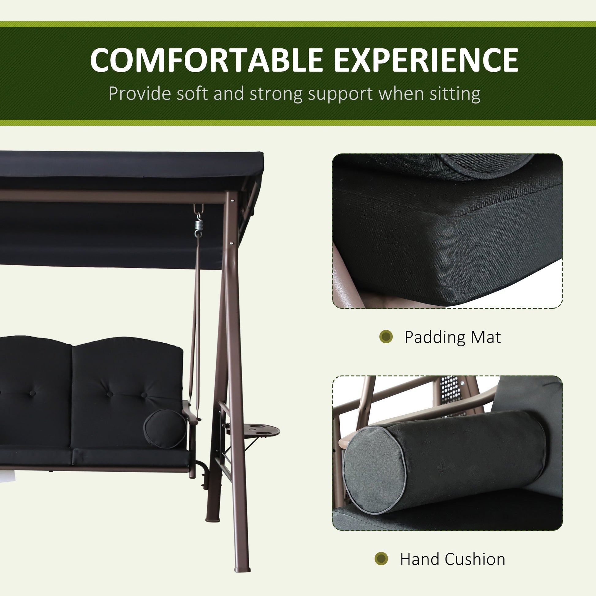 3 Seater Porch Swing Heavy Duty Outdoor Swing Chair Outdoor Lounge Hammock Cushioned Seat w/ Tilt Canopy, Black