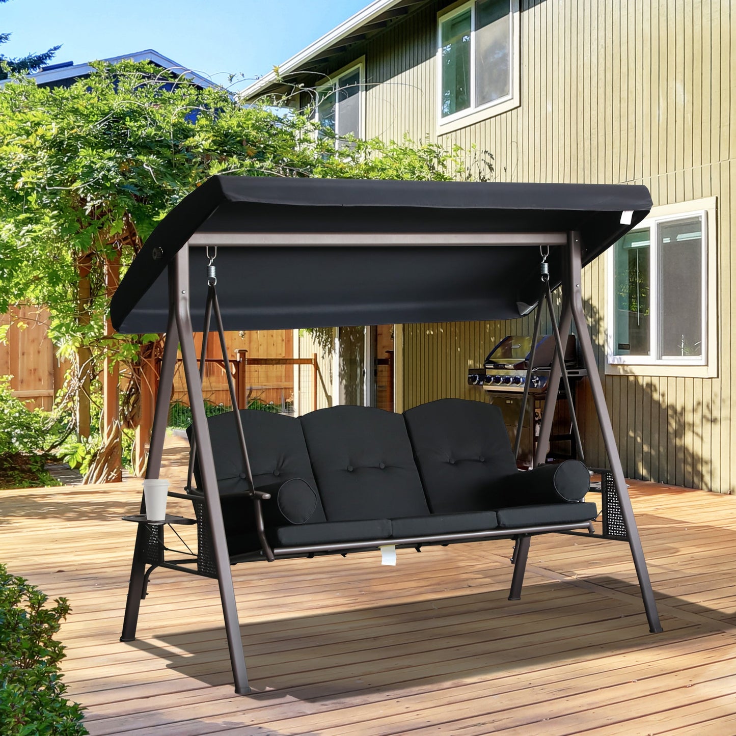 3 Seater Porch Swing Heavy Duty Outdoor Swing Chair Outdoor Lounge Hammock Cushioned Seat w/ Tilt Canopy, Black