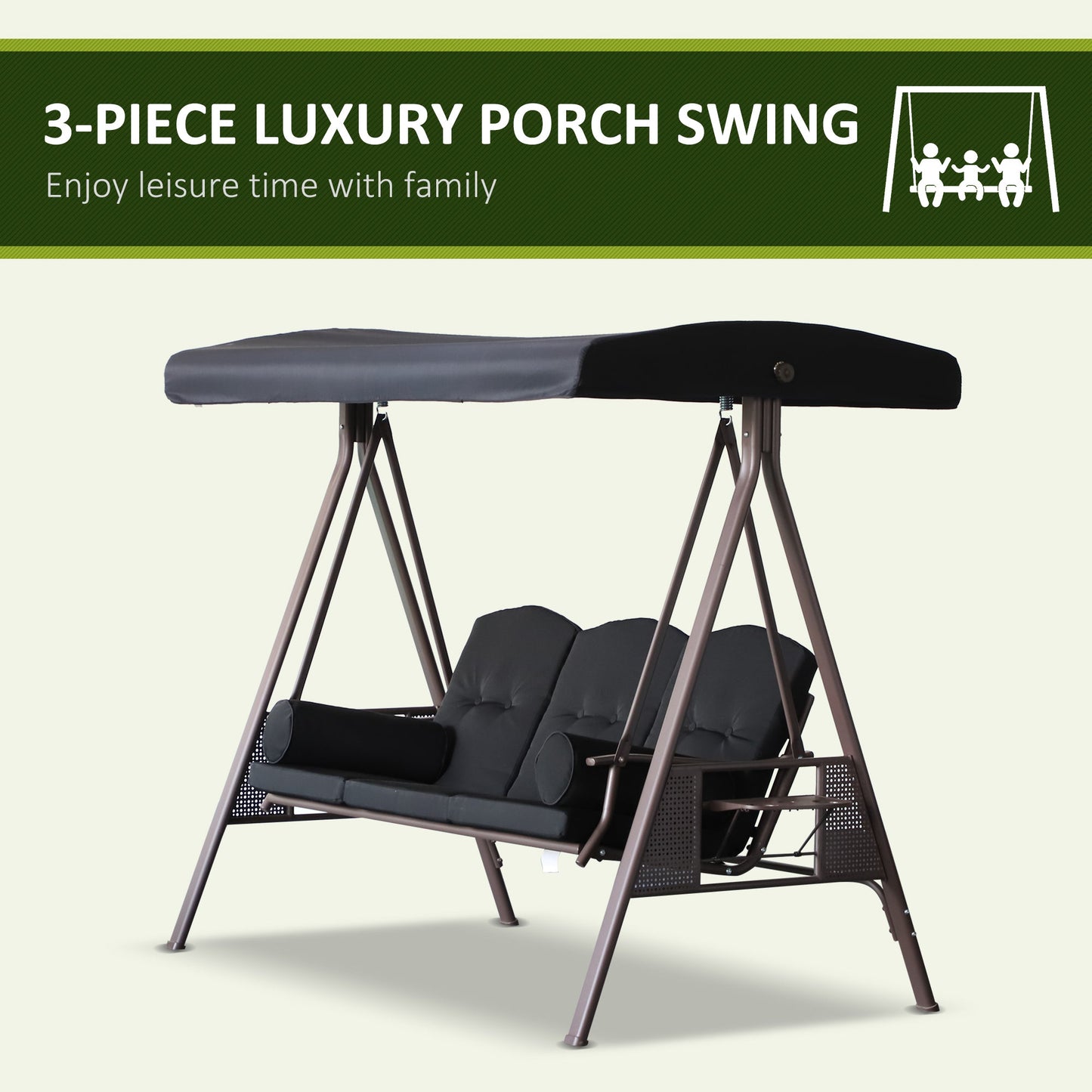 3 Seater Porch Swing Heavy Duty Outdoor Swing Chair Outdoor Lounge Hammock Cushioned Seat w/ Tilt Canopy, Black