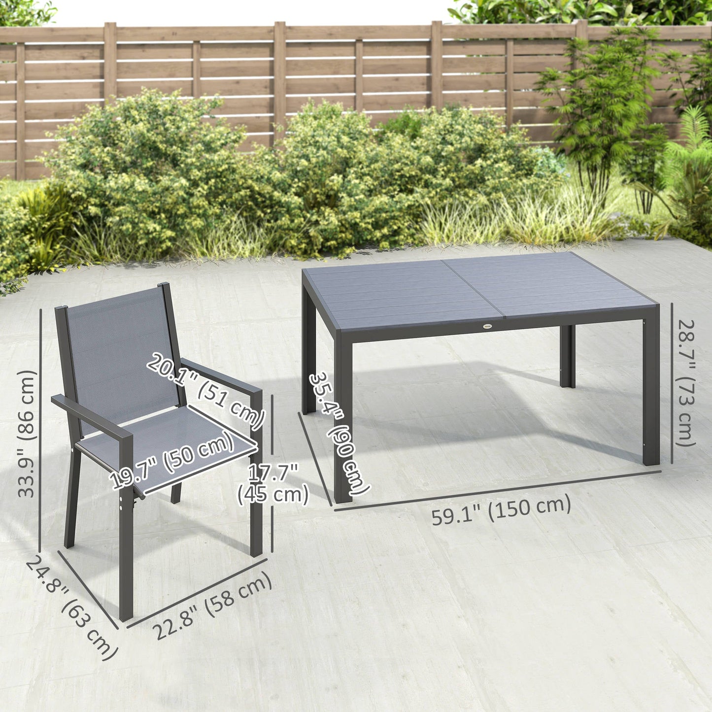7 Piece Patio Dining Set, Outdoor Dining Table and 6 Stackable Chairs, Metal Patio Furniture Set with WPC Top, Breathable Mesh for Garden, Backyard, Poolside, Light Grey