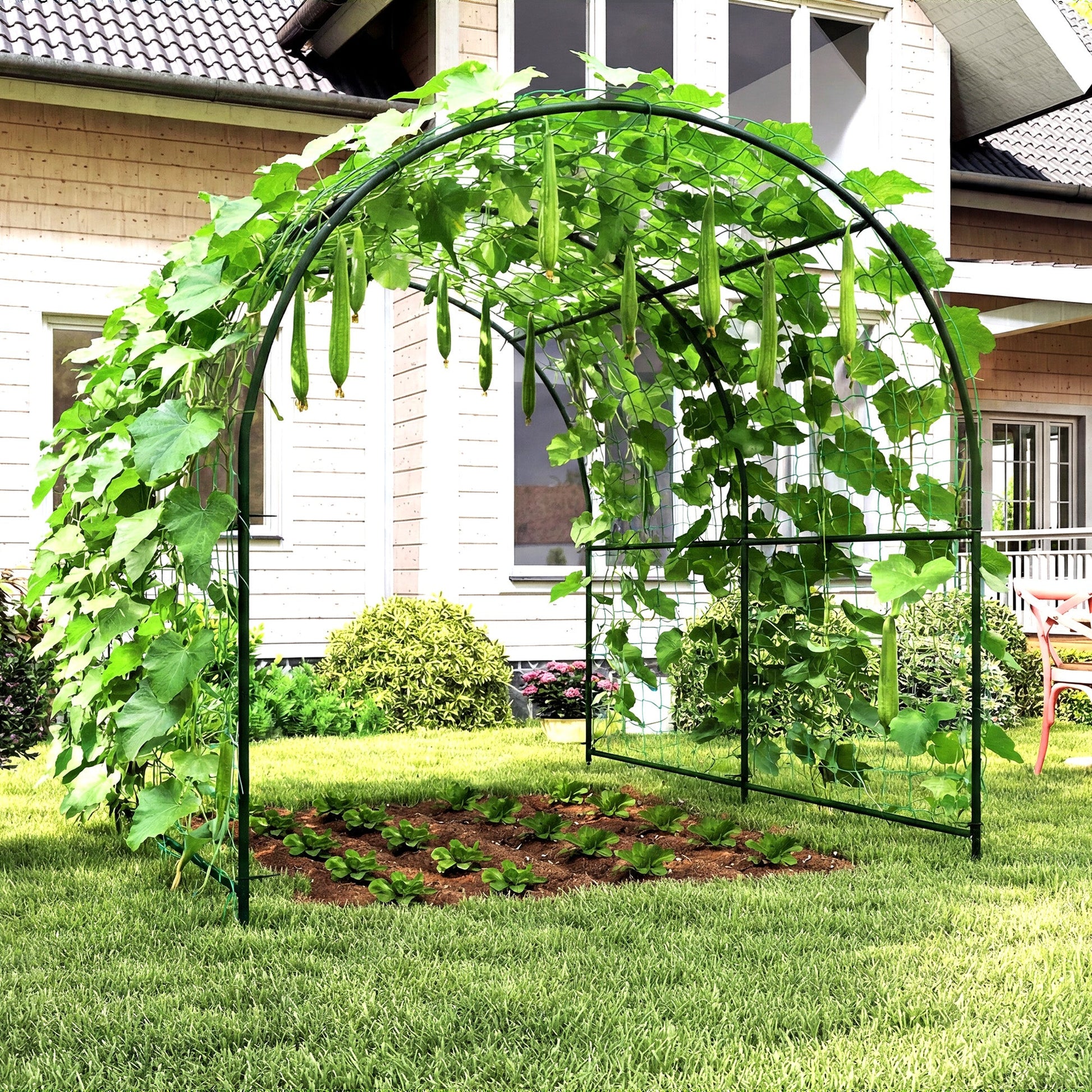 Garden Arch Trellis for Climbing Plants Outdoor, 7.1FT Tall Cucumber Trellis with Climbing Net, Metal Plant Support Archway for Backyard, Lawn, Party, Wedding, Ceremony