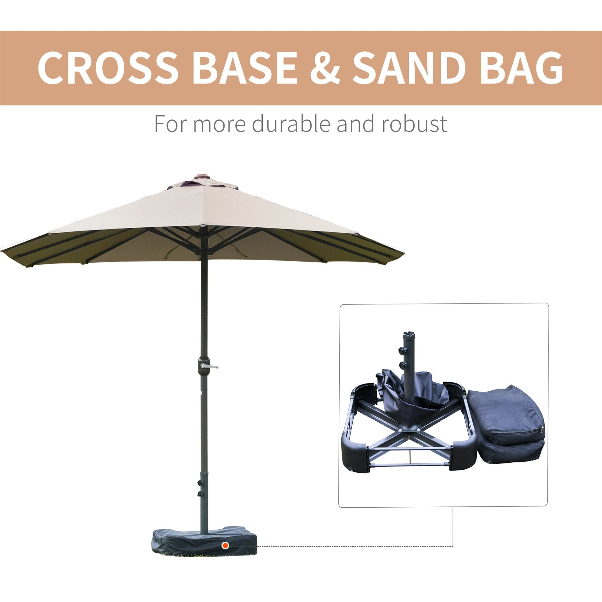 15' Outdoor Patio Umbrella with Twin Canopy Sunshade Steel Table Umbrella with Lift Crank, Cross base, Sandbag, Light Grey