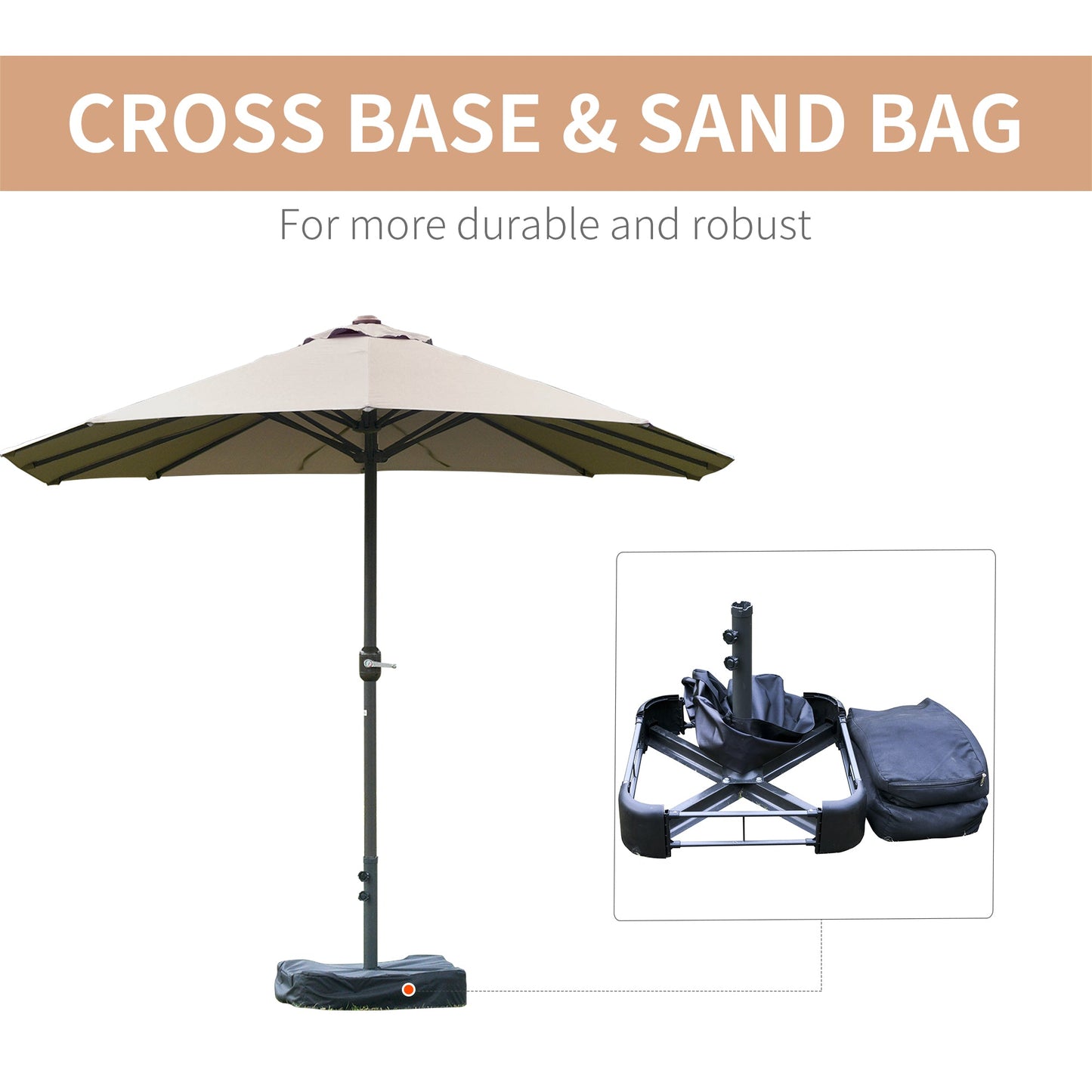 15' Outdoor Patio Umbrella with Twin Canopy Sunshade Steel Table Umbrella with Lift Crank, Cross base, Sandbag, Light Grey