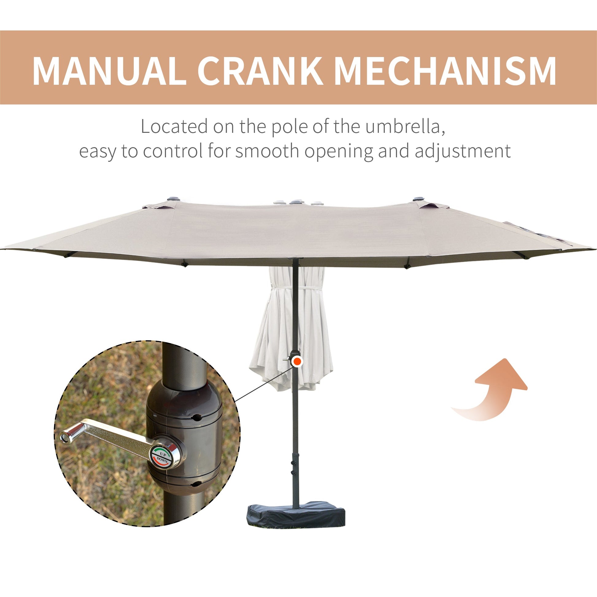 15' Outdoor Patio Umbrella with Twin Canopy Sunshade Steel Table Umbrella with Lift Crank, Cross base, Sandbag, Light Grey