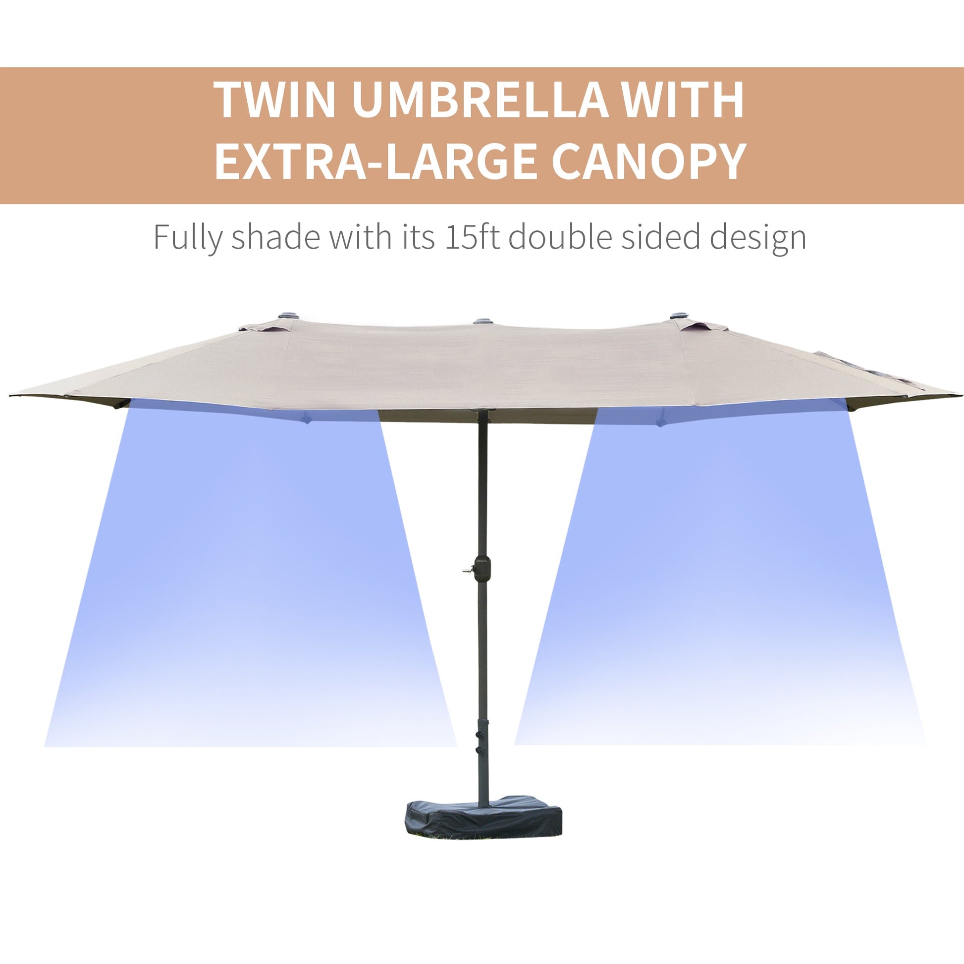 15' Outdoor Patio Umbrella with Twin Canopy Sunshade Steel Table Umbrella with Lift Crank, Cross base, Sandbag, Light Grey