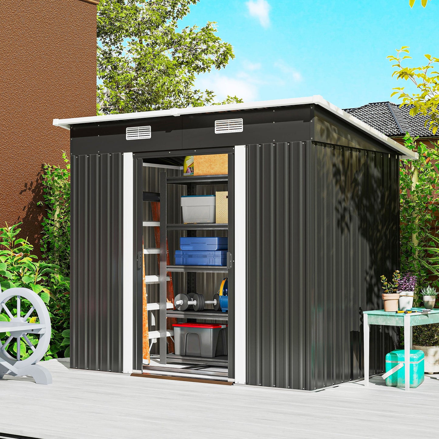 7'x 4' Outdoor Storage Shed, Metal Garden Shed with Lockable Double Doors, Foundation Kit and Vents for Patio, Backyard, Tool Storage, Black