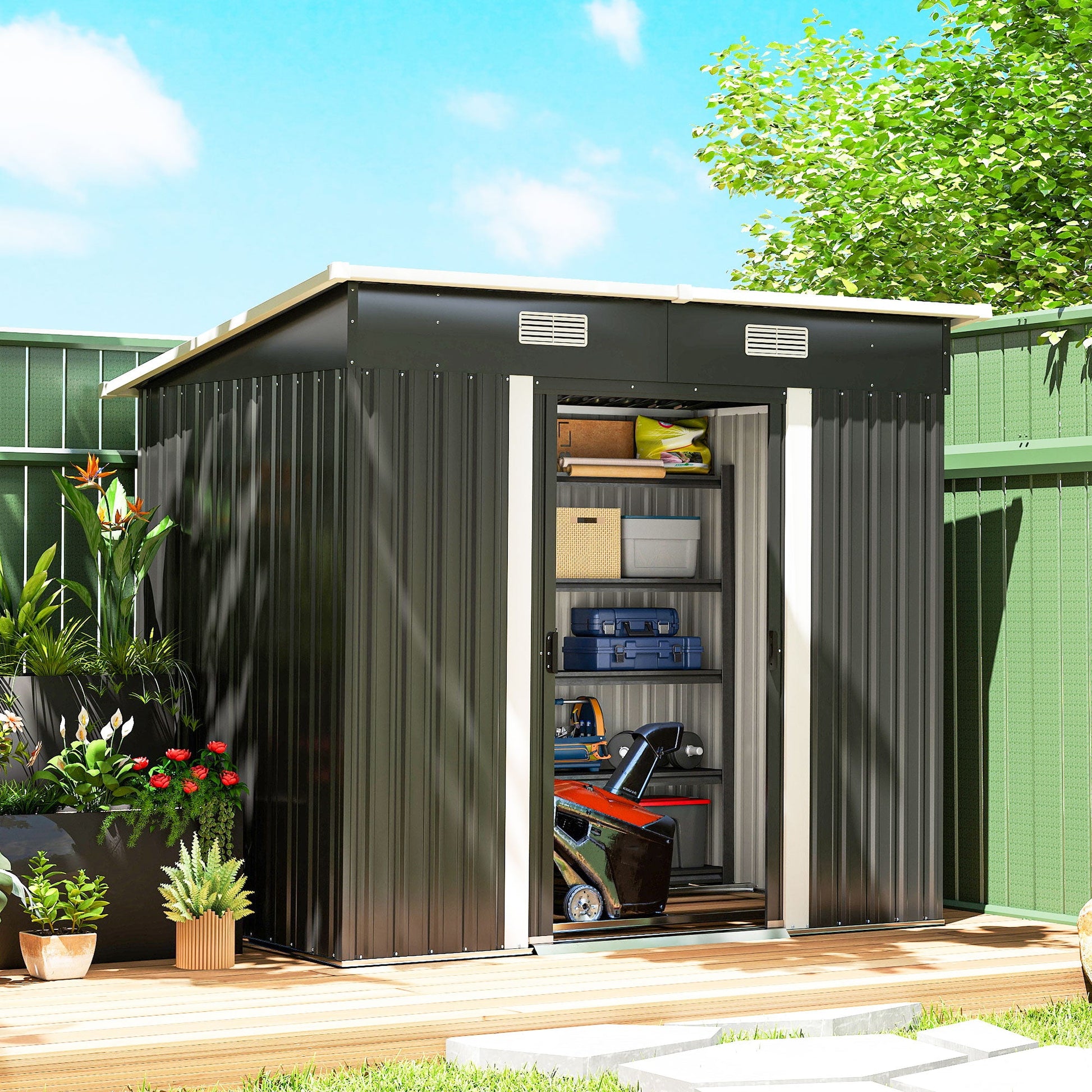 7'x 4' Outdoor Storage Shed, Metal Garden Shed with Lockable Double Doors, Foundation Kit and Vents for Patio, Backyard, Tool Storage, Black