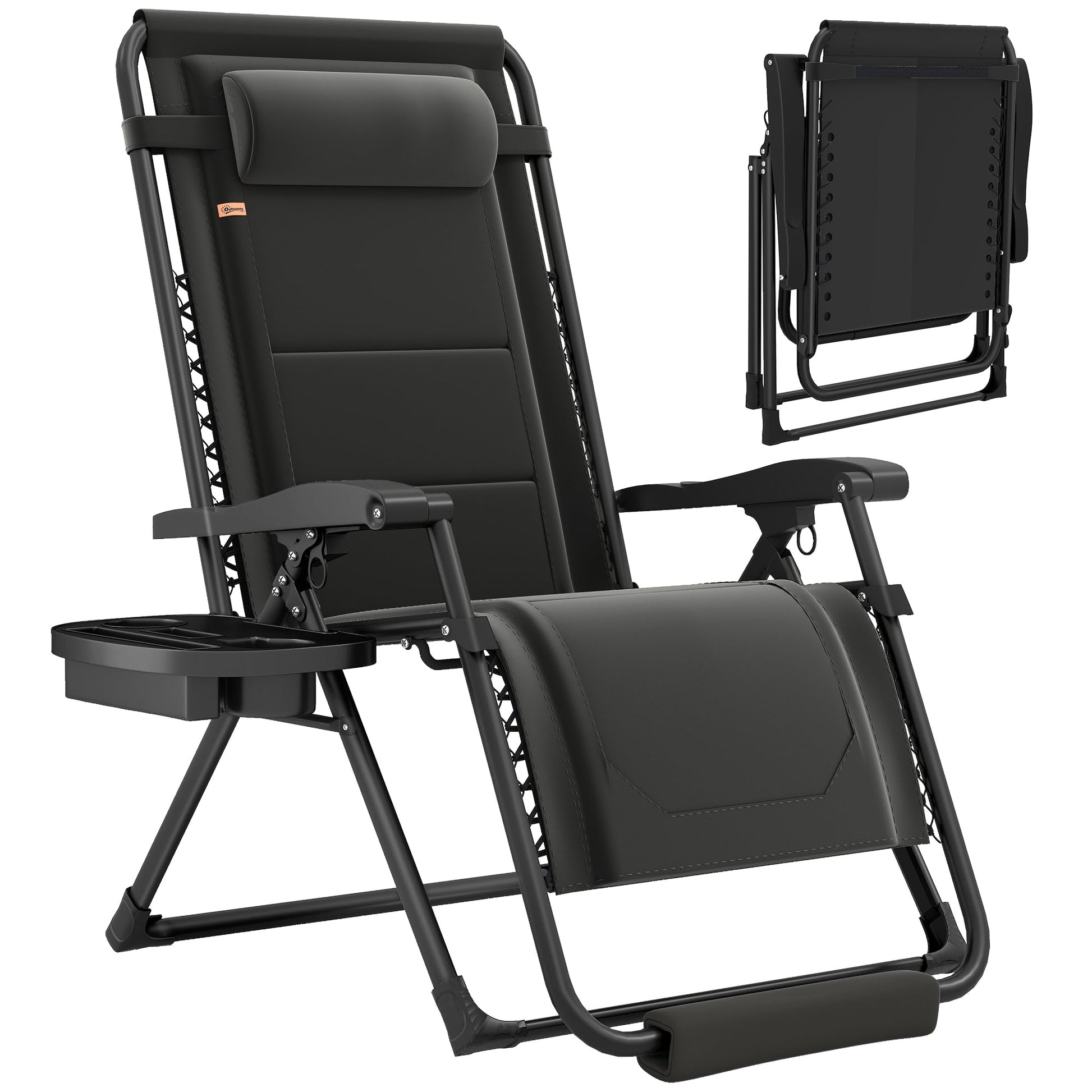 Zero Gravity Lounger Chair, Padded Folding Reclining Patio Chair with Cup Holder, Detachable Headrest, Extra Wide Seat, 400 LBS Capacity for Pool, Camping, Black