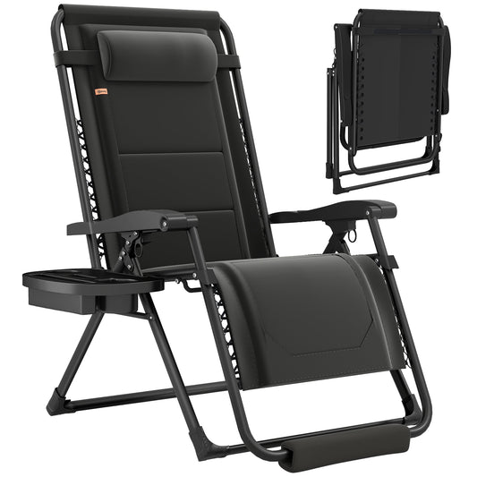 Zero Gravity Lounger Chair, Padded Folding Reclining Patio Chair with Cup Holder, Detachable Headrest, Extra Wide Seat, 400 LBS Capacity for Pool, Camping, Black