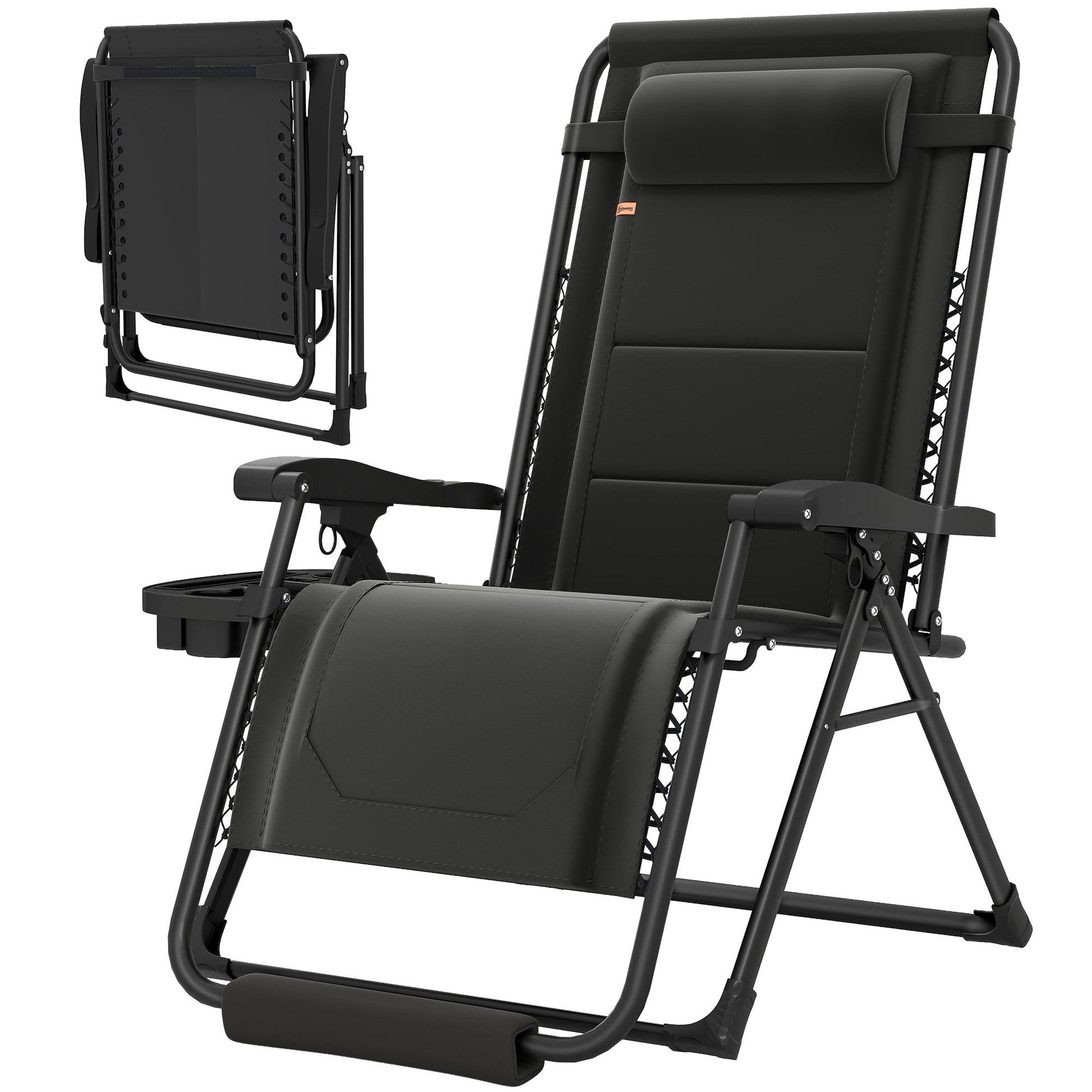Zero Gravity Lounger Chair, Padded Folding Reclining Patio Chair with Cup Holder, Detachable Headrest, Extra Wide Seat, 400 LBS Capacity for Pool, Camping, Black