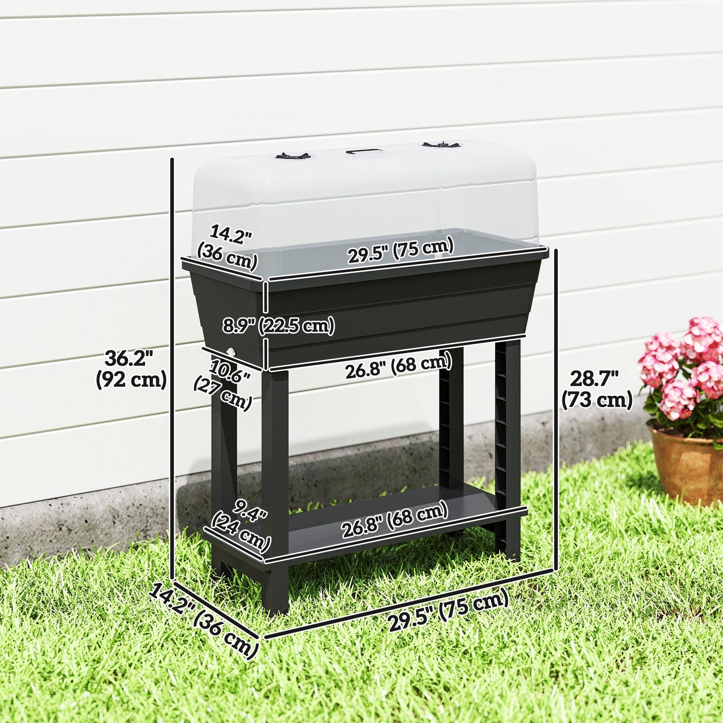 41L Self Watering Raised Garden Bed with Ventilation Transparent Lid Greenhouse, Storage Shelf, Planter Box with Water Level Indicator, 29.5" x 14.2" x 36.2", Black