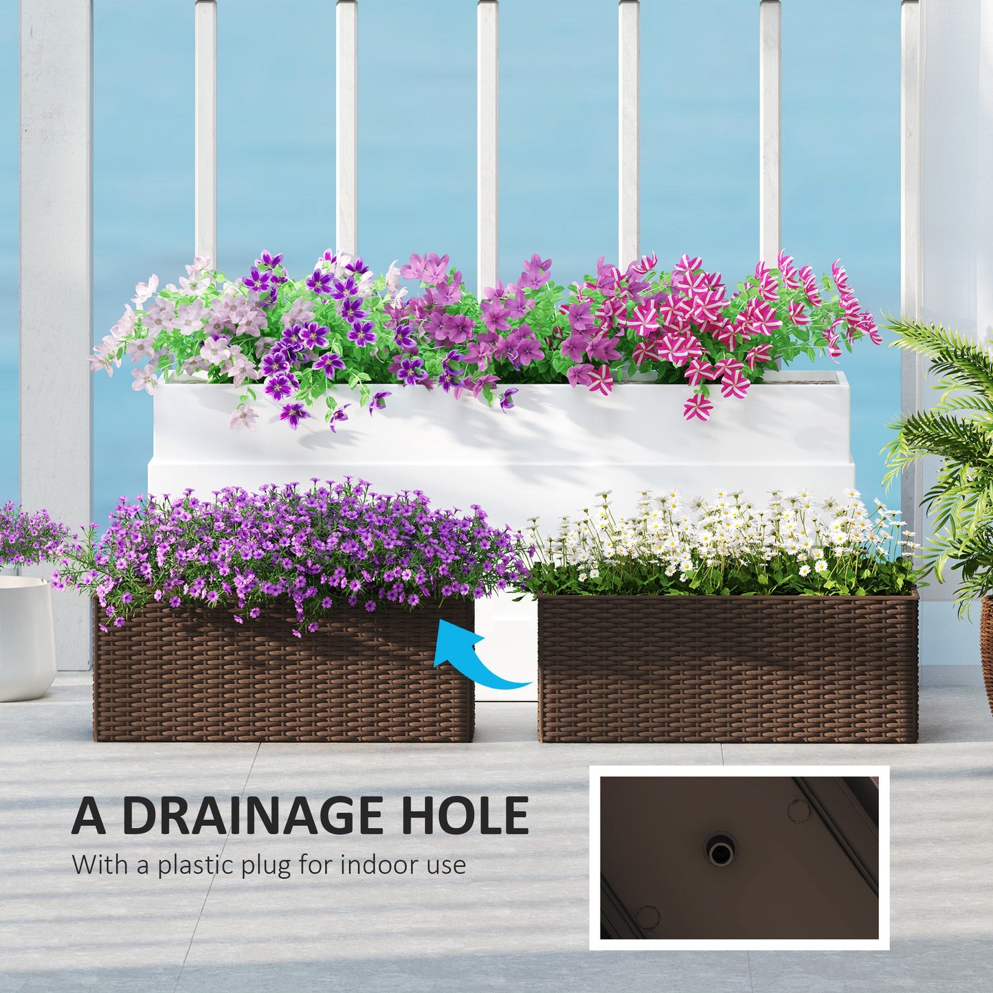 2 Pack Railing Planter Box, 20 Inch Hanging Flower Pots with Hooks and Drainage Hole, Rectangular Planters for Fence, Balcony, Garden, Patio, Rattan Look, Brown