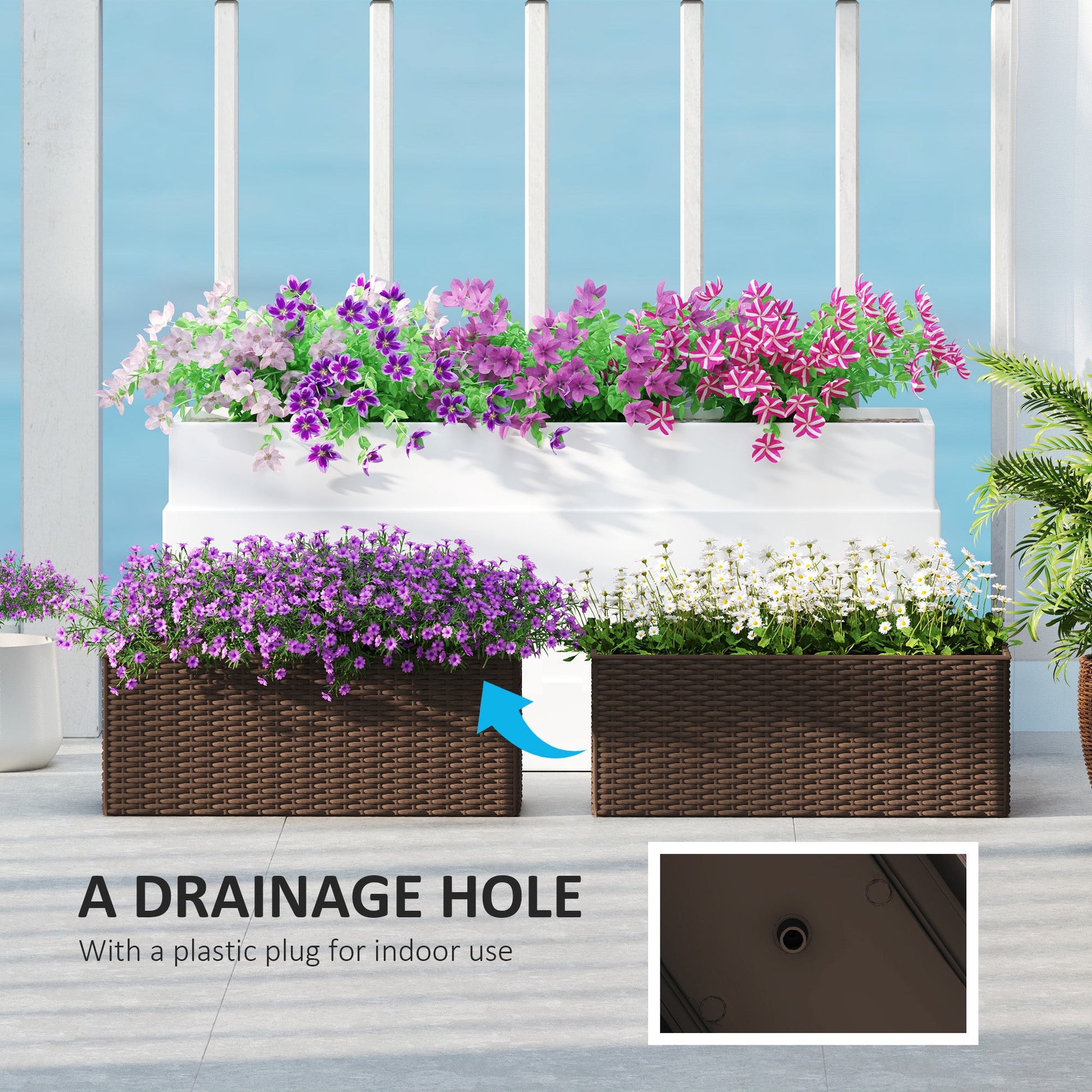 2 Pack Railing Planter Box, 20 Inch Hanging Flower Pots with Hooks and Drainage Hole, Rectangular Planters for Fence, Balcony, Garden, Patio, Rattan Look, Brown