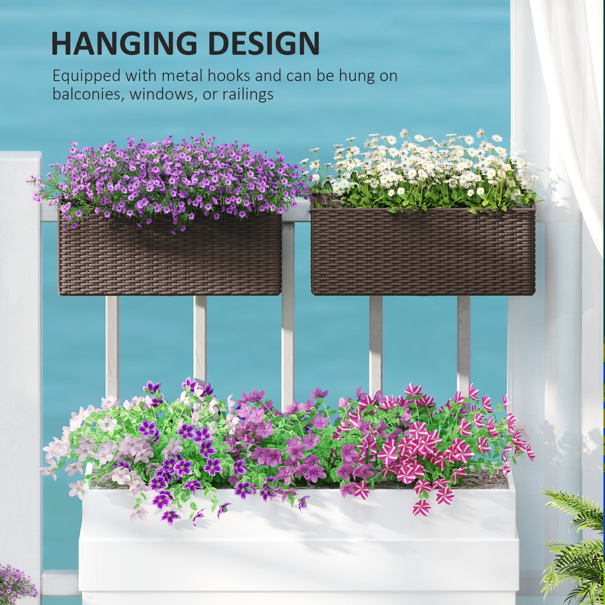 2 Pack Railing Planter Box, 20 Inch Hanging Flower Pots with Hooks and Drainage Hole, Rectangular Planters for Fence, Balcony, Garden, Patio, Rattan Look, Brown