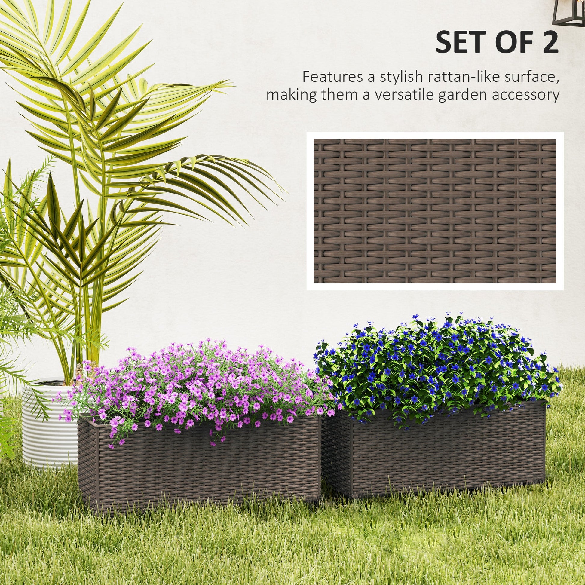2 Pack Railing Planter Box, 20 Inch Hanging Flower Pots with Hooks and Drainage Hole, Rectangular Planters for Fence, Balcony, Garden, Patio, Rattan Look, Brown