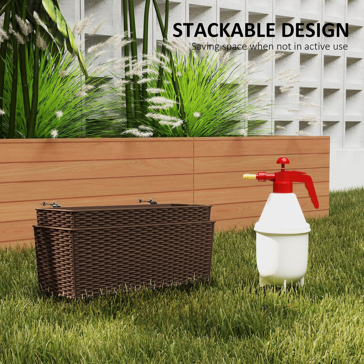 2 Pack Railing Planter Box, 20 Inch Hanging Flower Pots with Hooks and Drainage Hole, Rectangular Planters for Fence, Balcony, Garden, Patio, Rattan Look, Brown