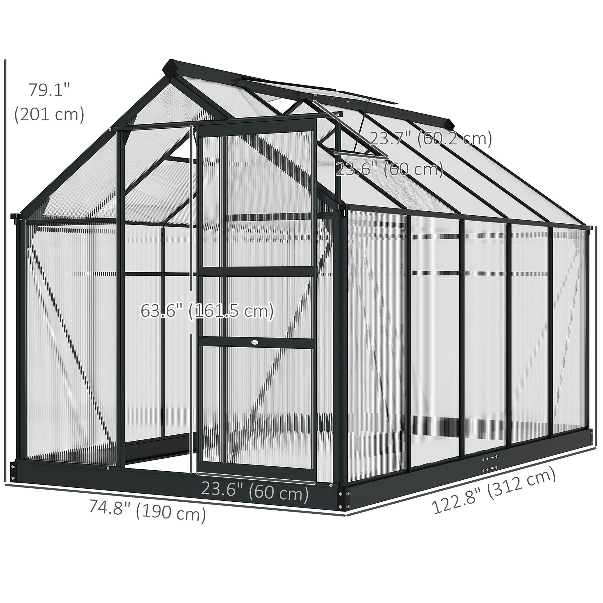 6' x 10' x 6.6' Polycarbonate Greenhouse, Walk-In Green House Kit Garden, Plants Grow, Galvanized Sheet Aluminum Frame with Rain Gutter, Vents and Sliding Door, Grey